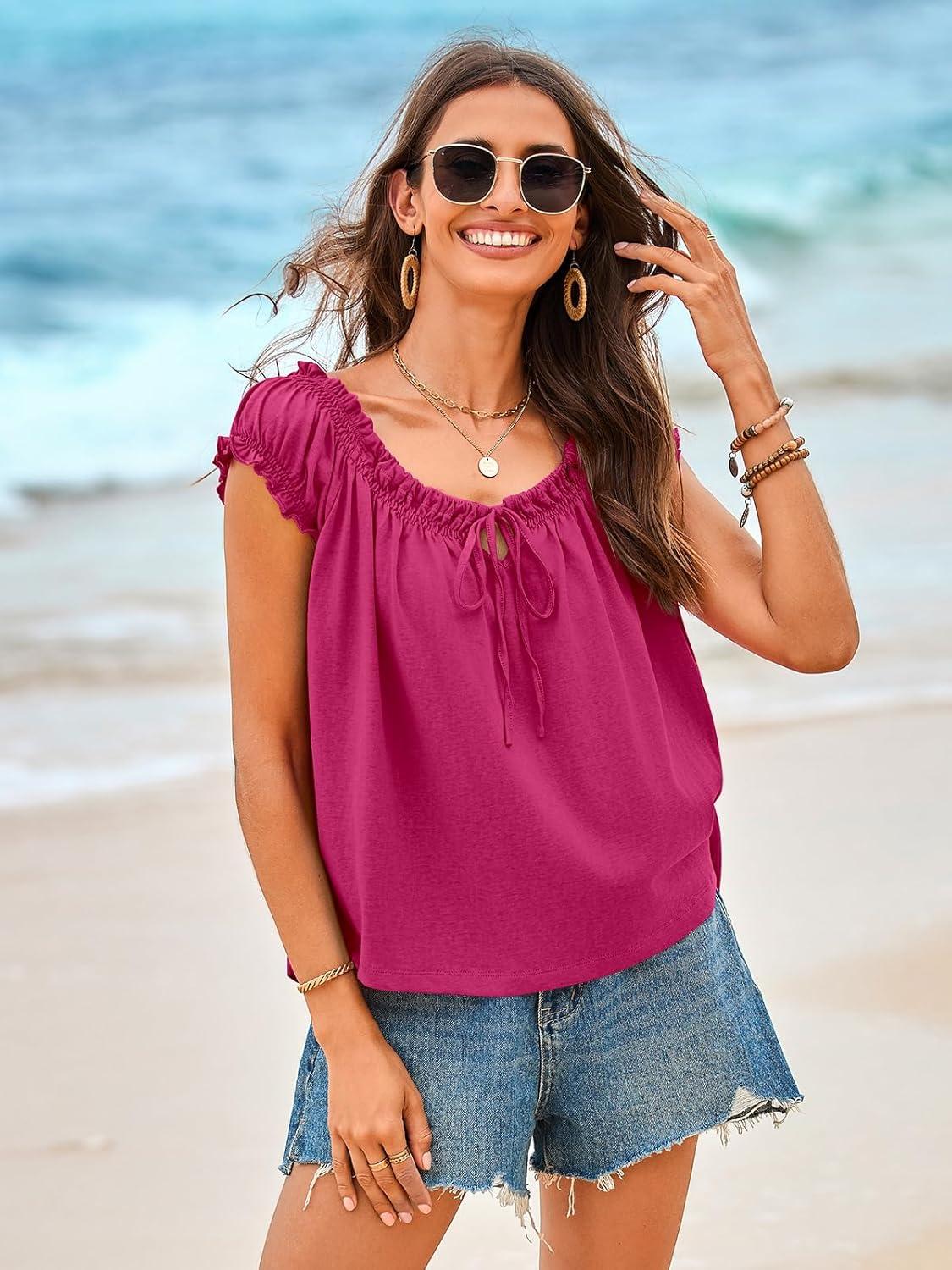 imageTankaneo Women Summer Tie Front Tank Tops Cap Sleeve Pleated Babydoll Tops Casual Loose Fit Going Out Flowy ShirtBright Pink