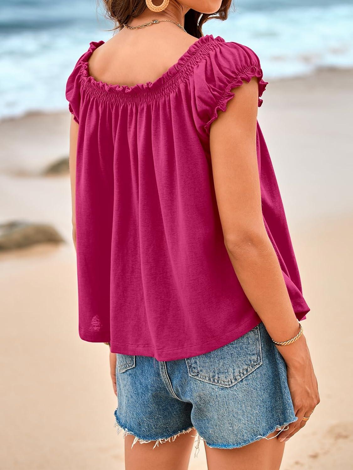 imageTankaneo Women Summer Tie Front Tank Tops Cap Sleeve Pleated Babydoll Tops Casual Loose Fit Going Out Flowy ShirtBright Pink