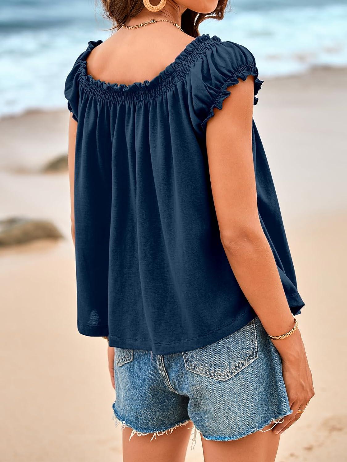 imageTankaneo Women Summer Tie Front Tank Tops Cap Sleeve Pleated Babydoll Tops Casual Loose Fit Going Out Flowy ShirtNavy