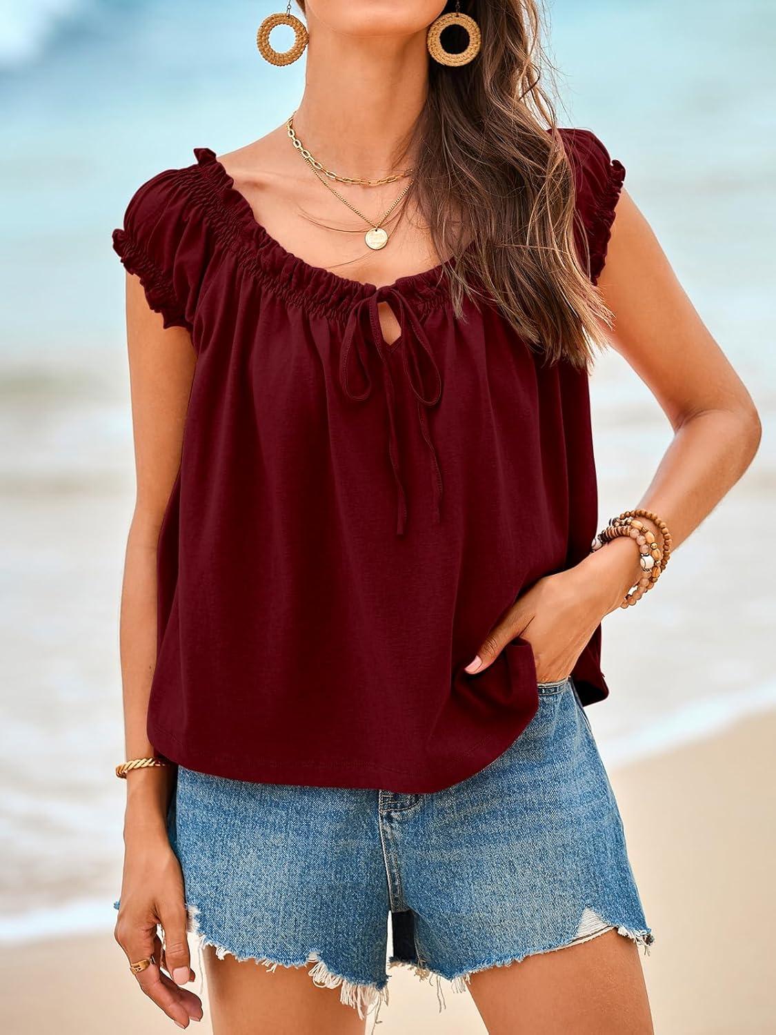 imageTankaneo Women Summer Tie Front Tank Tops Cap Sleeve Pleated Babydoll Tops Casual Loose Fit Going Out Flowy ShirtWine Red