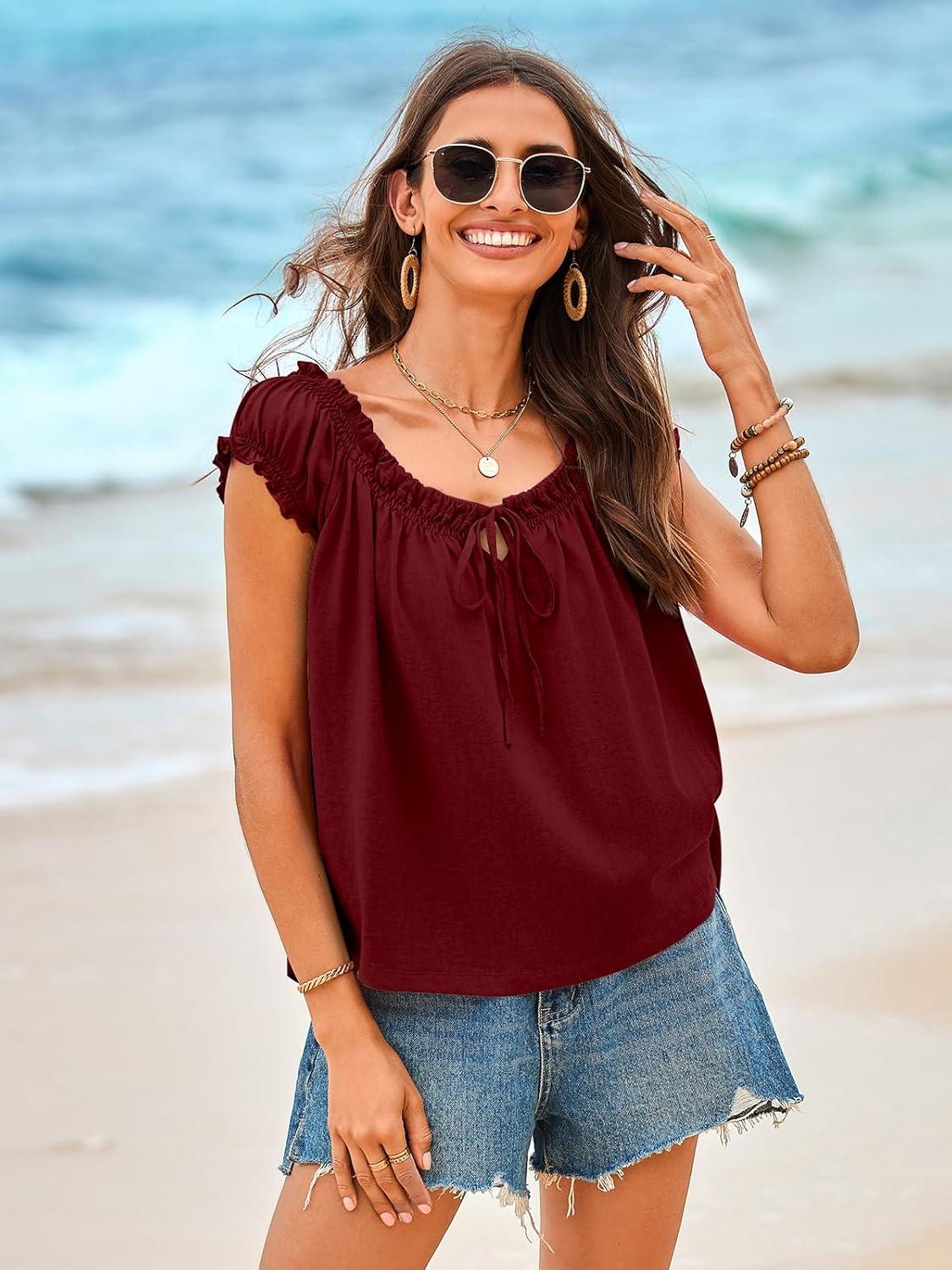 imageTankaneo Women Summer Tie Front Tank Tops Cap Sleeve Pleated Babydoll Tops Casual Loose Fit Going Out Flowy ShirtWine Red