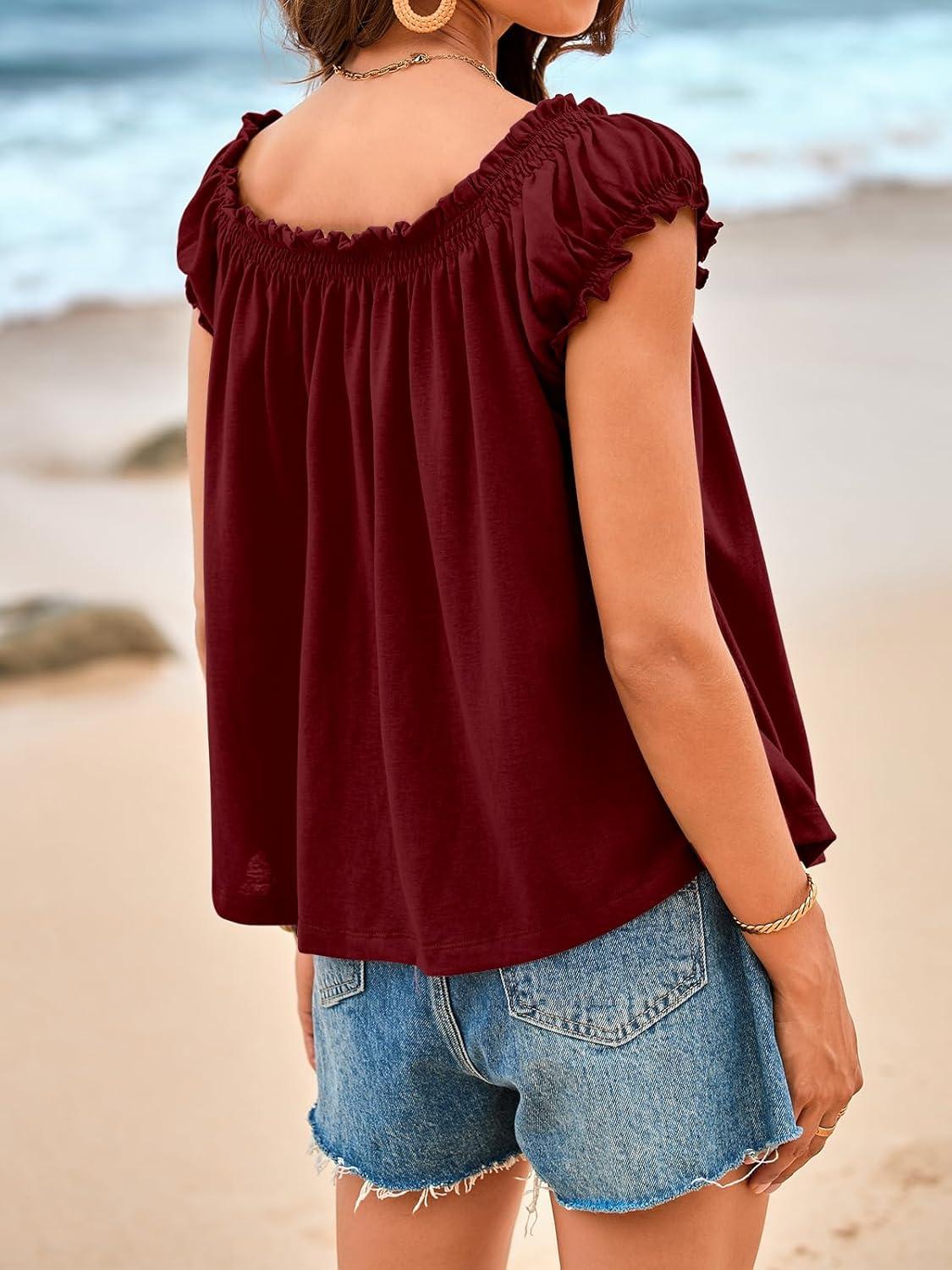 imageTankaneo Women Summer Tie Front Tank Tops Cap Sleeve Pleated Babydoll Tops Casual Loose Fit Going Out Flowy ShirtWine Red