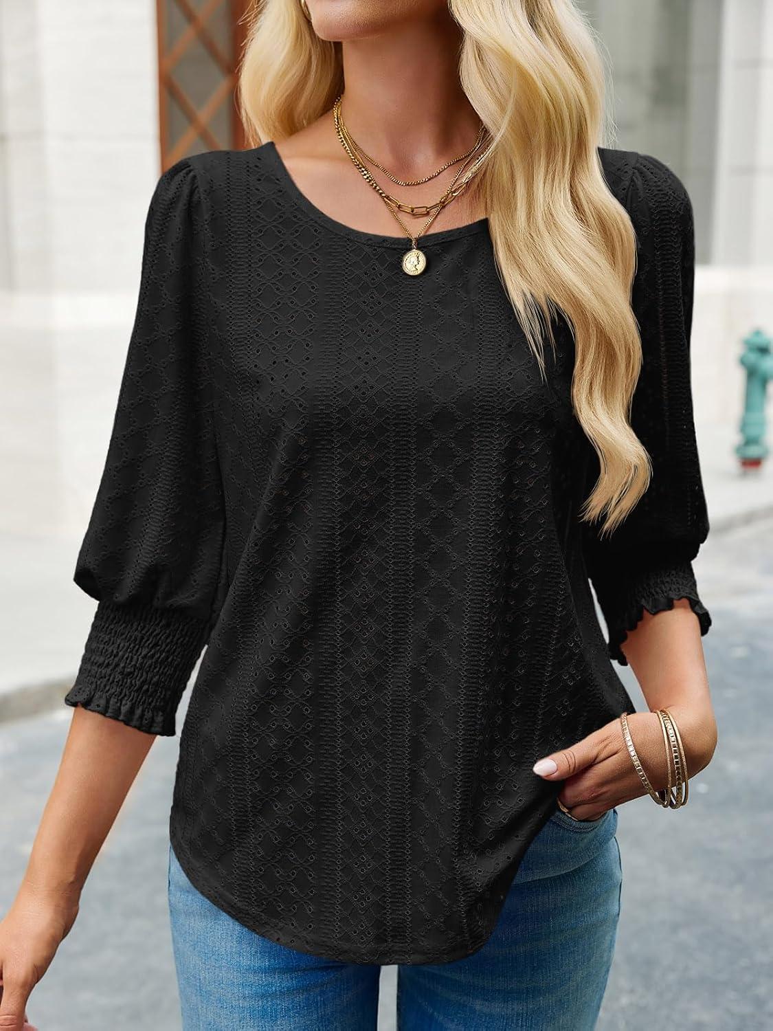 imageTankaneo Womens 34 Length Sleeve Blouses Summer Casual Eyelet Tops Crewneck Dressy Shirts with Smocked Cuffs 2025Black