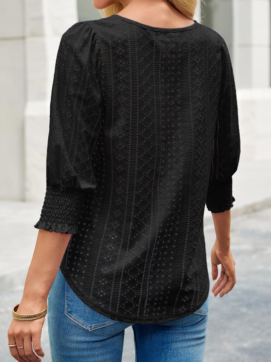 imageTankaneo Womens 34 Length Sleeve Blouses Summer Casual Eyelet Tops Crewneck Dressy Shirts with Smocked Cuffs 2025Black