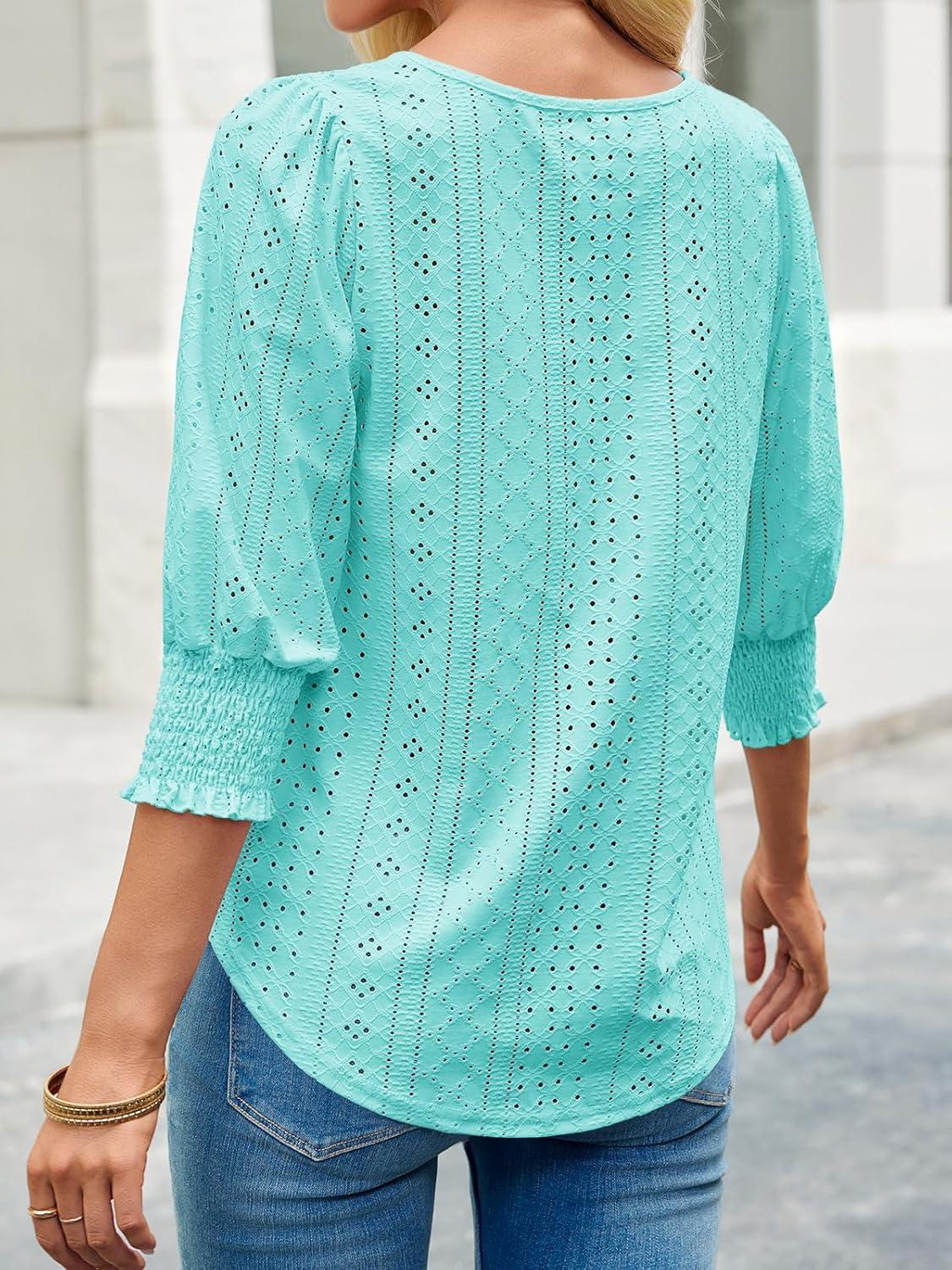 imageTankaneo Womens 34 Length Sleeve Blouses Summer Casual Eyelet Tops Crewneck Dressy Shirts with Smocked Cuffs 2025Bluegreen