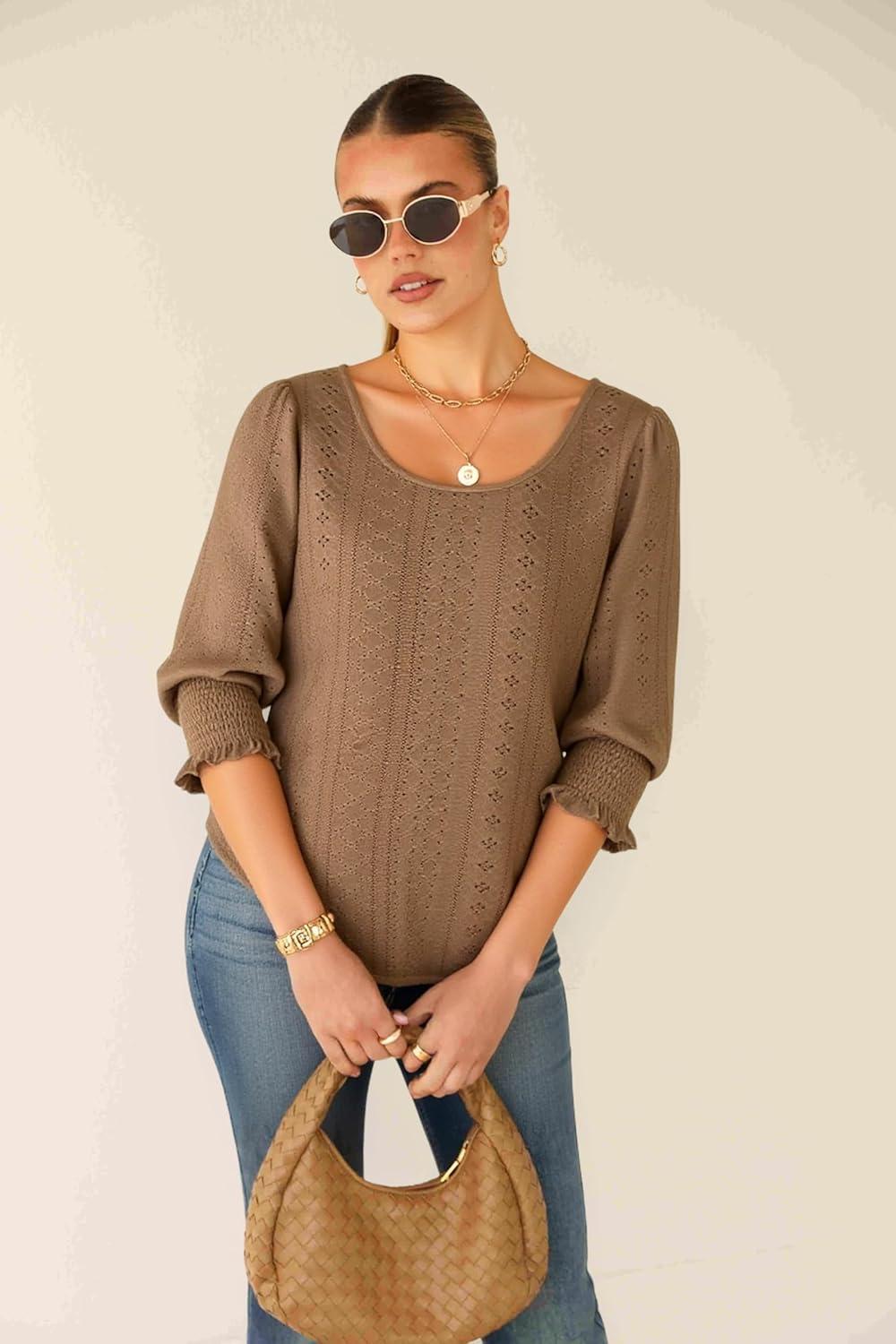 imageTankaneo Womens 34 Length Sleeve Blouses Summer Casual Eyelet Tops Crewneck Dressy Shirts with Smocked Cuffs 2025Brown