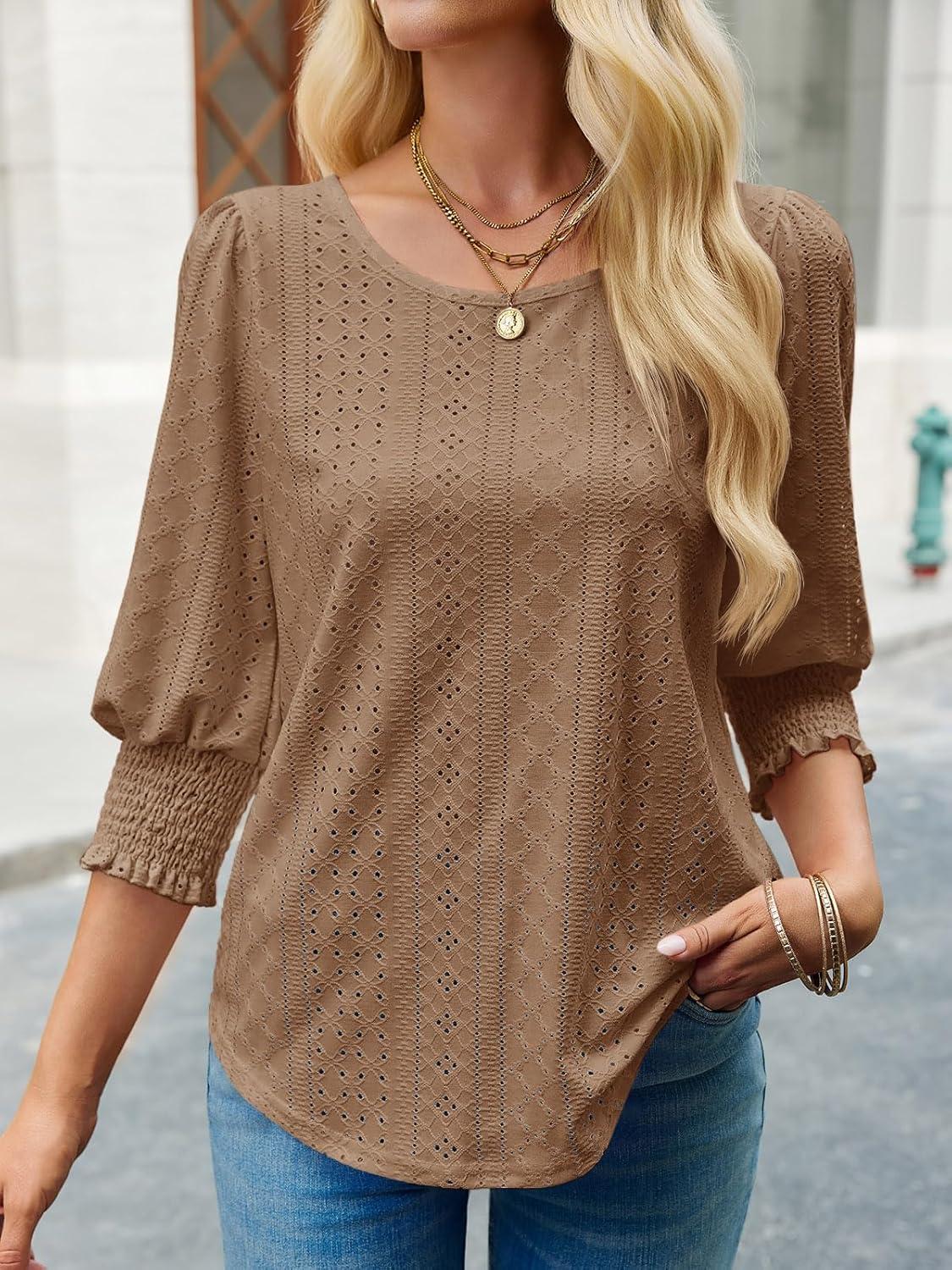 imageTankaneo Womens 34 Length Sleeve Blouses Summer Casual Eyelet Tops Crewneck Dressy Shirts with Smocked Cuffs 2025Brown