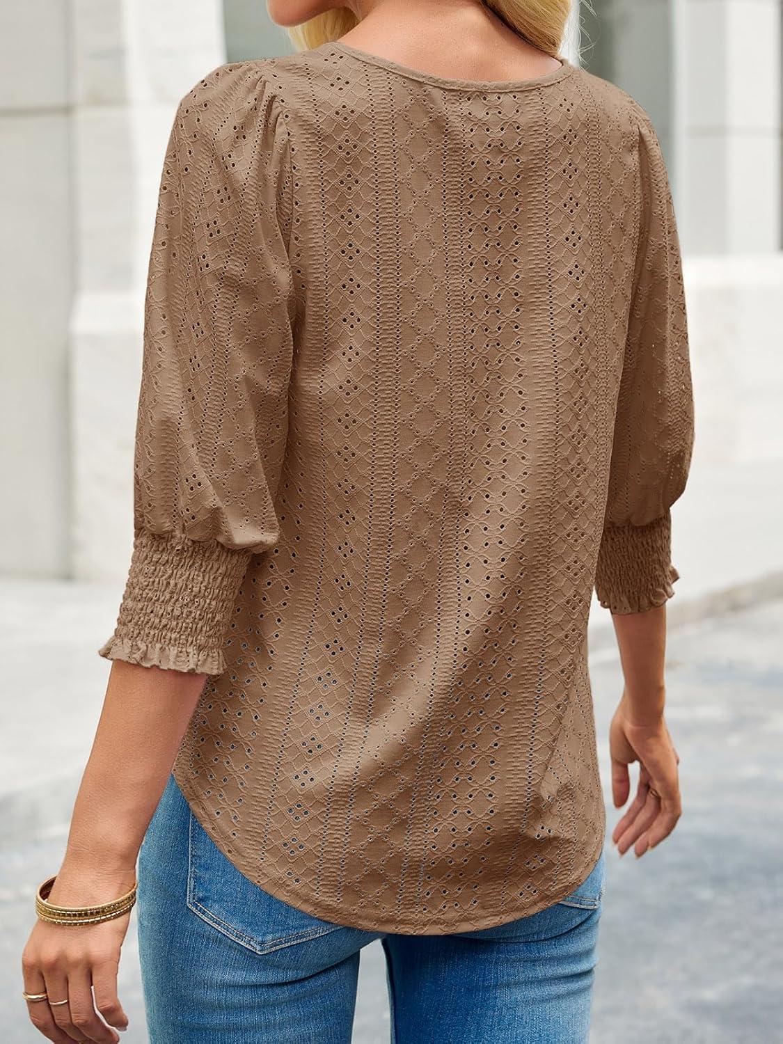 imageTankaneo Womens 34 Length Sleeve Blouses Summer Casual Eyelet Tops Crewneck Dressy Shirts with Smocked Cuffs 2025Brown