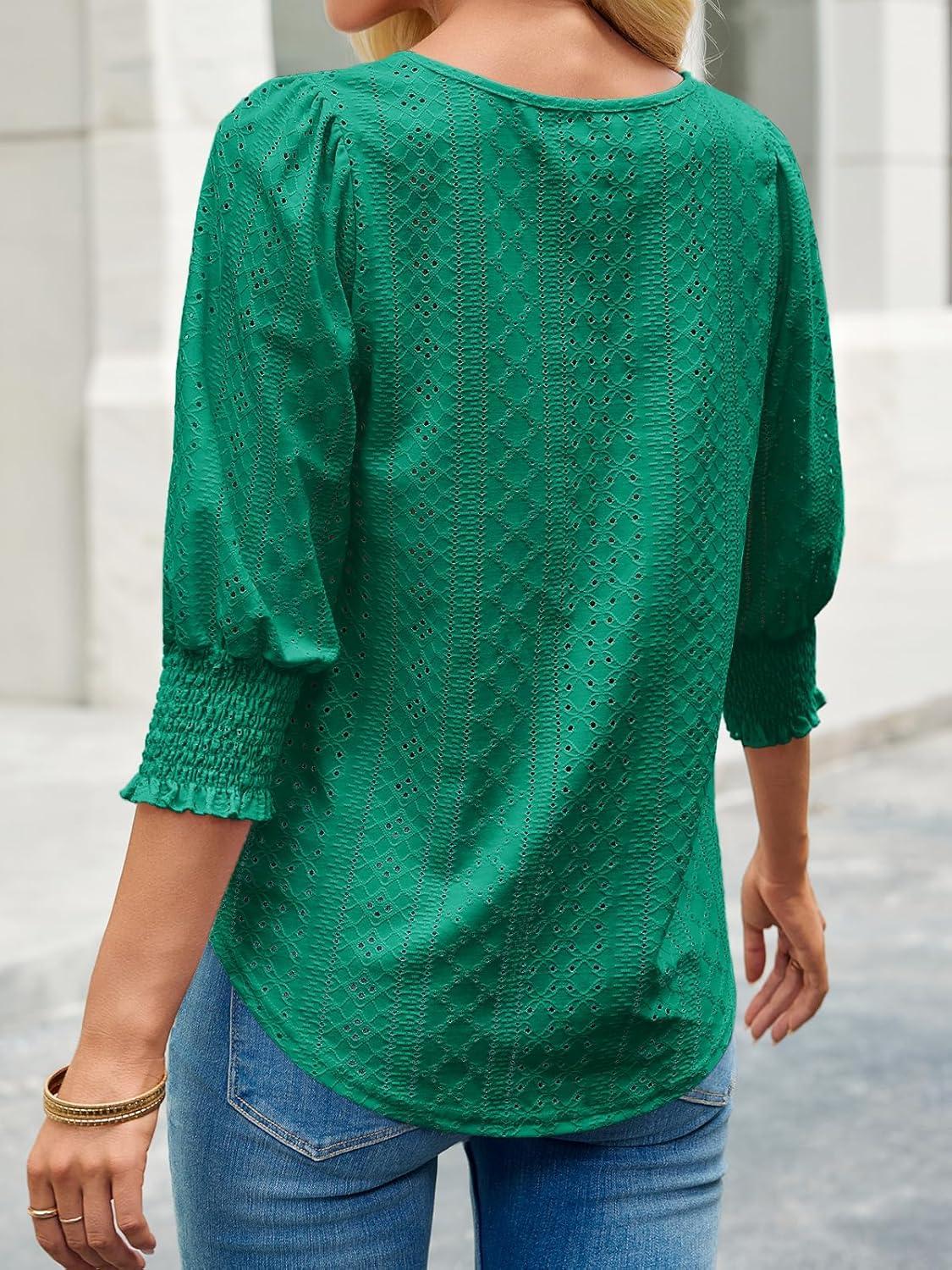 imageTankaneo Womens 34 Length Sleeve Blouses Summer Casual Eyelet Tops Crewneck Dressy Shirts with Smocked Cuffs 2025Dark Green