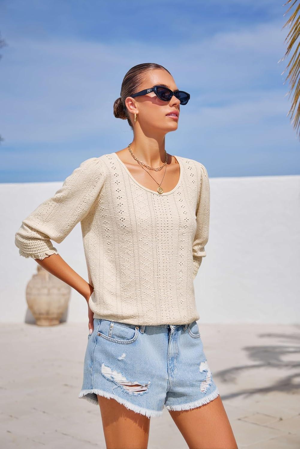 imageTankaneo Womens 34 Length Sleeve Blouses Summer Casual Eyelet Tops Crewneck Dressy Shirts with Smocked Cuffs 2025Khaki