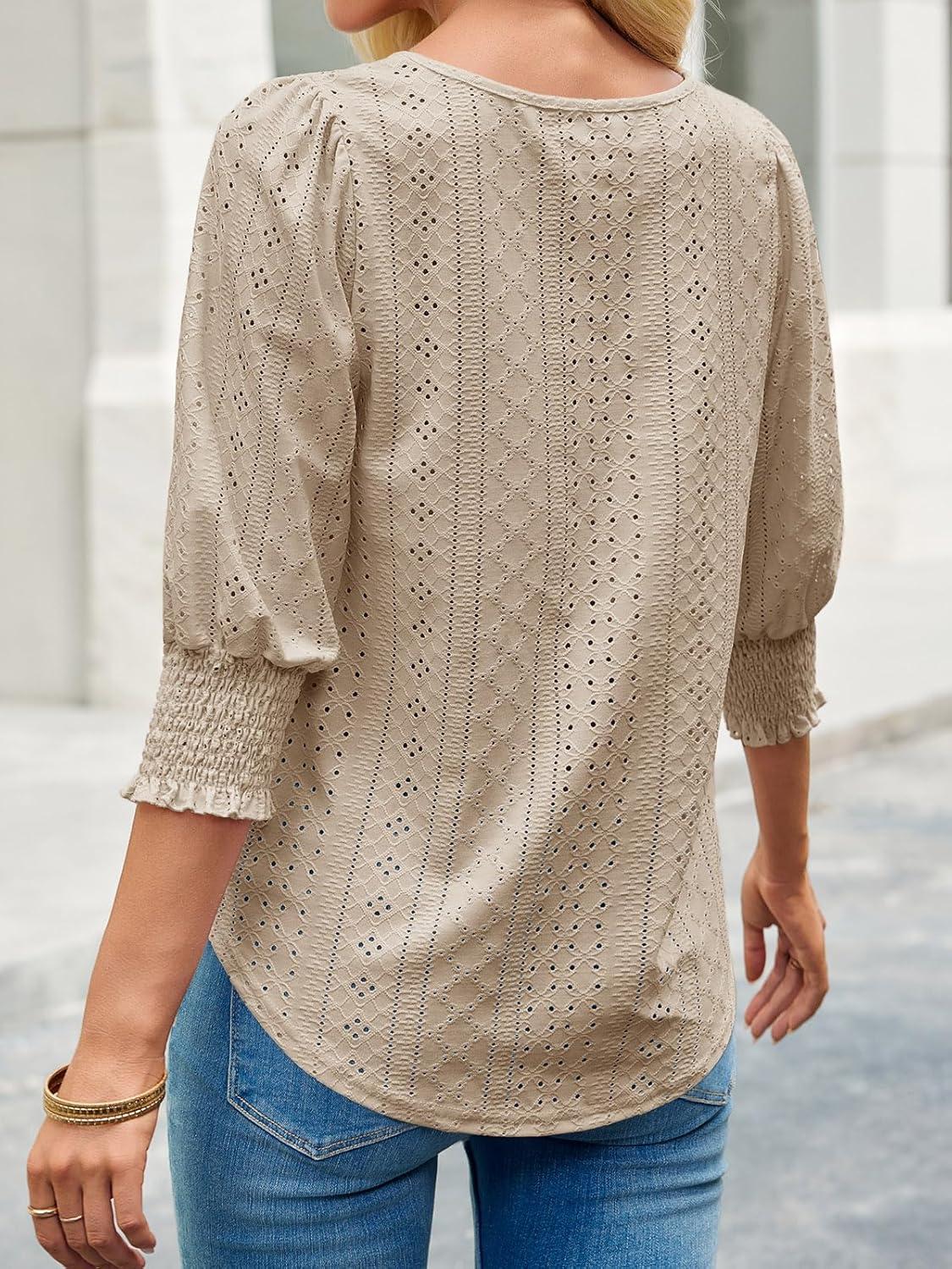 imageTankaneo Womens 34 Length Sleeve Blouses Summer Casual Eyelet Tops Crewneck Dressy Shirts with Smocked Cuffs 2025Khaki