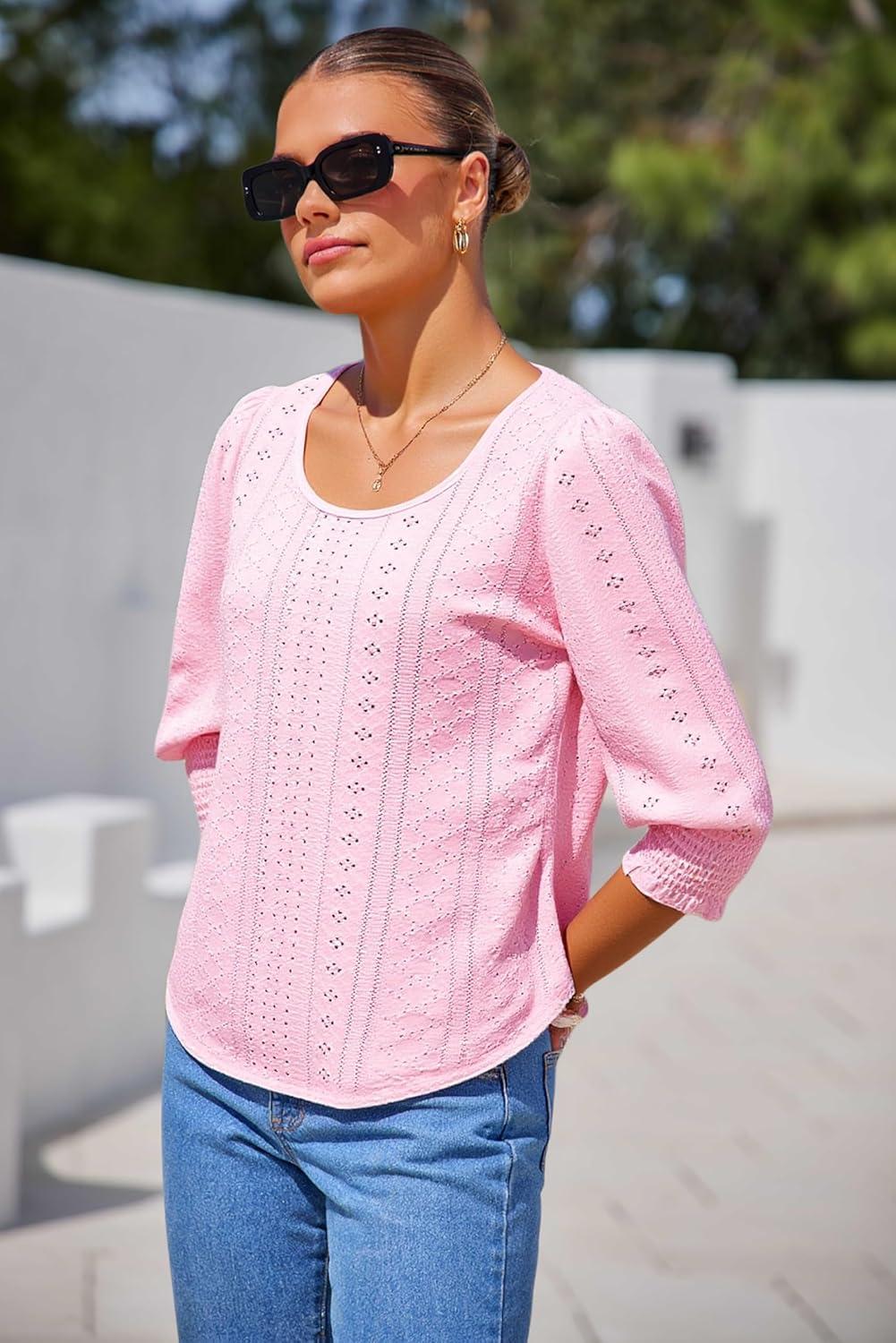 imageTankaneo Womens 34 Length Sleeve Blouses Summer Casual Eyelet Tops Crewneck Dressy Shirts with Smocked Cuffs 2025Light Pink