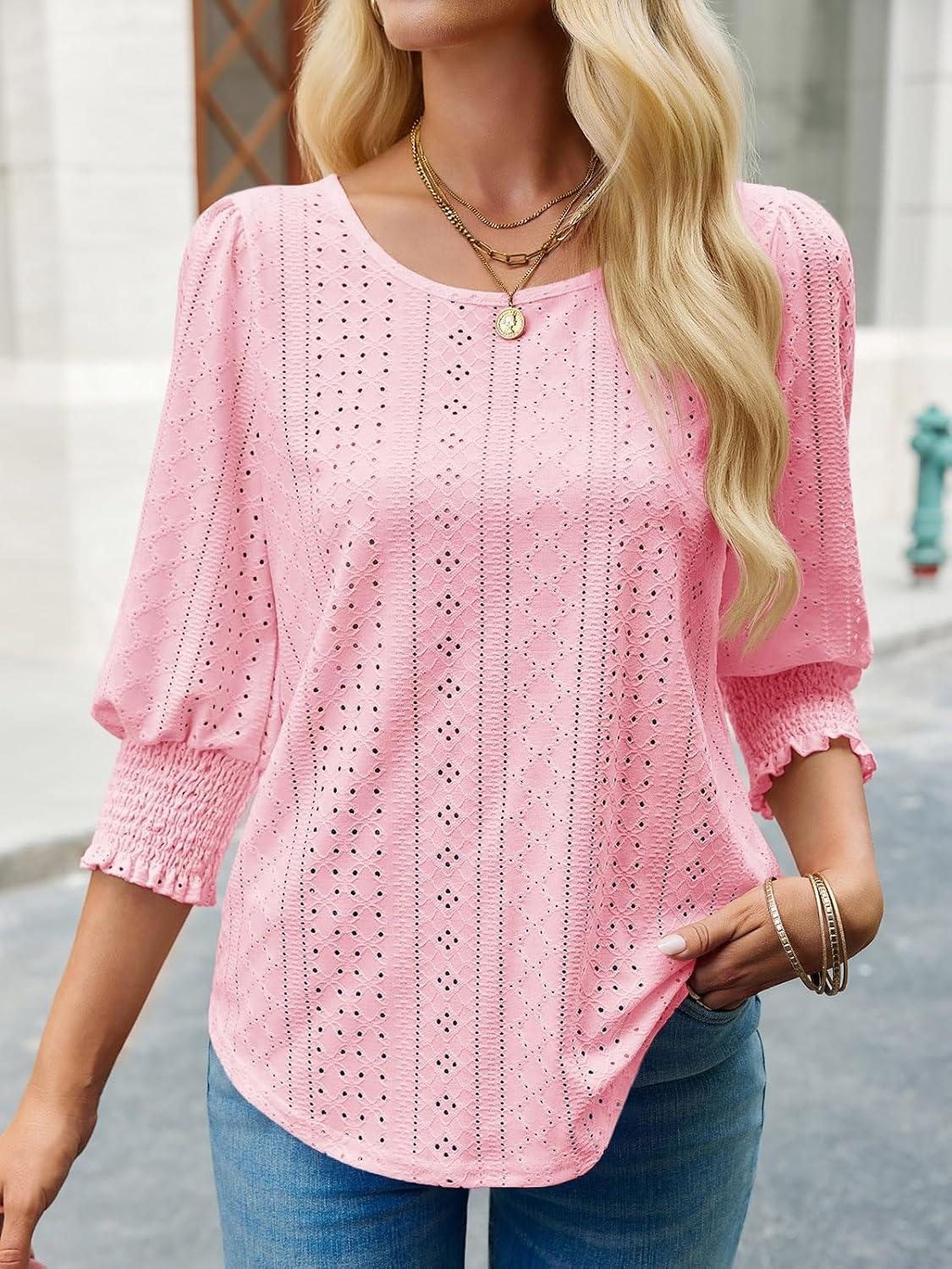 imageTankaneo Womens 34 Length Sleeve Blouses Summer Casual Eyelet Tops Crewneck Dressy Shirts with Smocked Cuffs 2025Light Pink