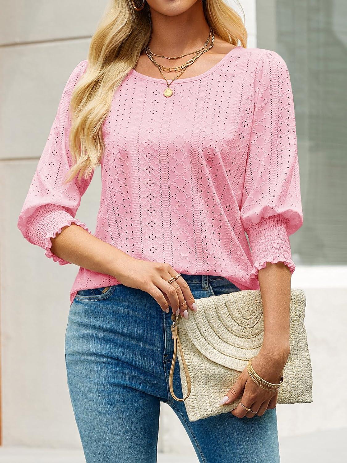 imageTankaneo Womens 34 Length Sleeve Blouses Summer Casual Eyelet Tops Crewneck Dressy Shirts with Smocked Cuffs 2025Light Pink