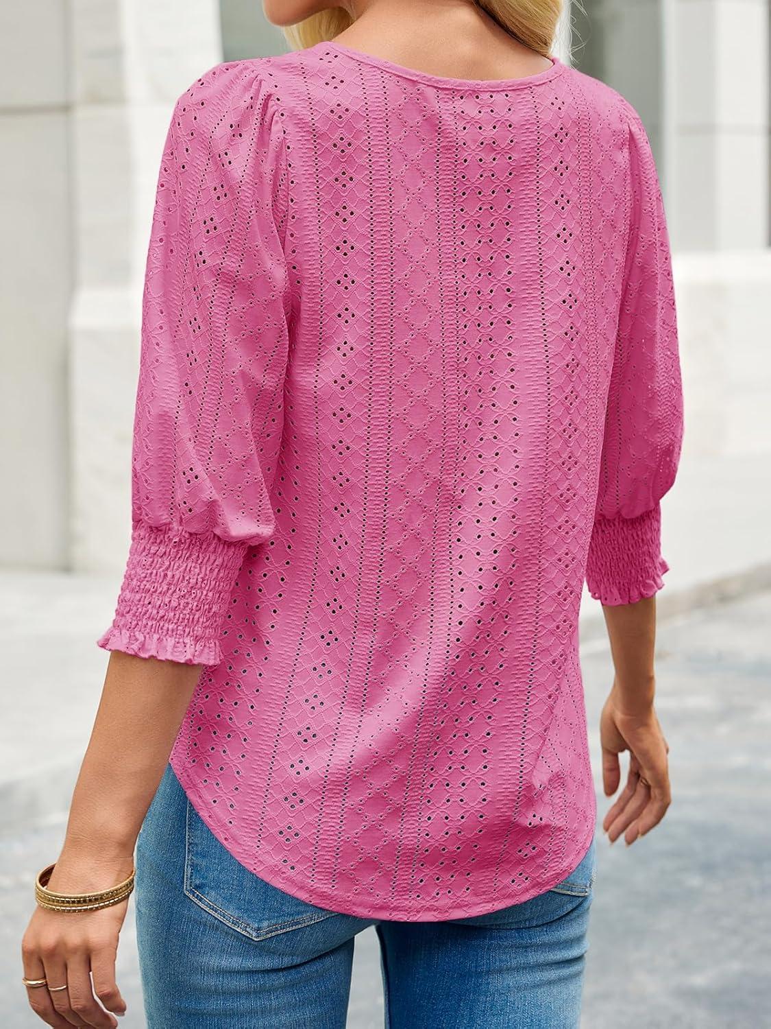 imageTankaneo Womens 34 Length Sleeve Blouses Summer Casual Eyelet Tops Crewneck Dressy Shirts with Smocked Cuffs 2025Rose Red