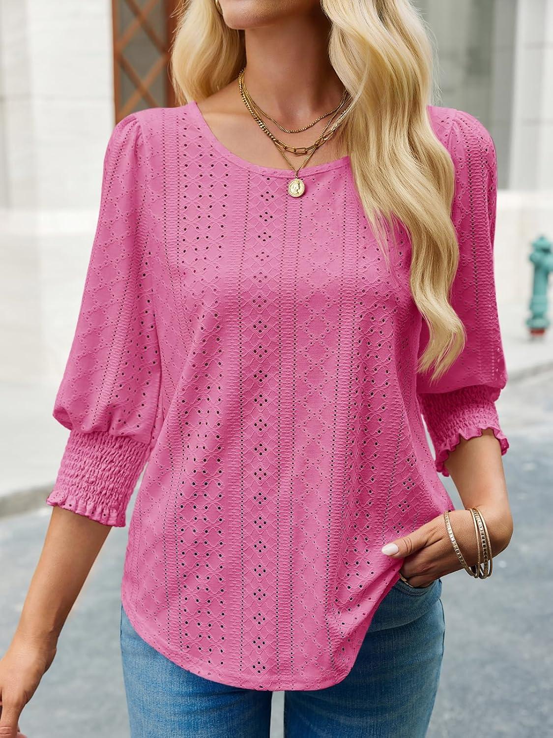 imageTankaneo Womens 34 Length Sleeve Blouses Summer Casual Eyelet Tops Crewneck Dressy Shirts with Smocked Cuffs 2025Rose Red