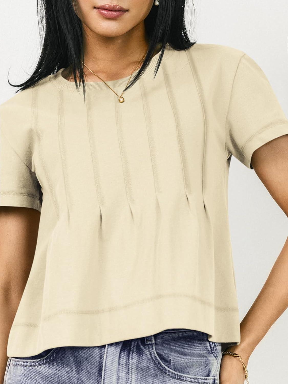 imageTankaneo Womens Babydoll Tops Short Sleeve Peplum Pleated Summer TShirts Casual Loose Fit Flowy Tshirts 2025Beige