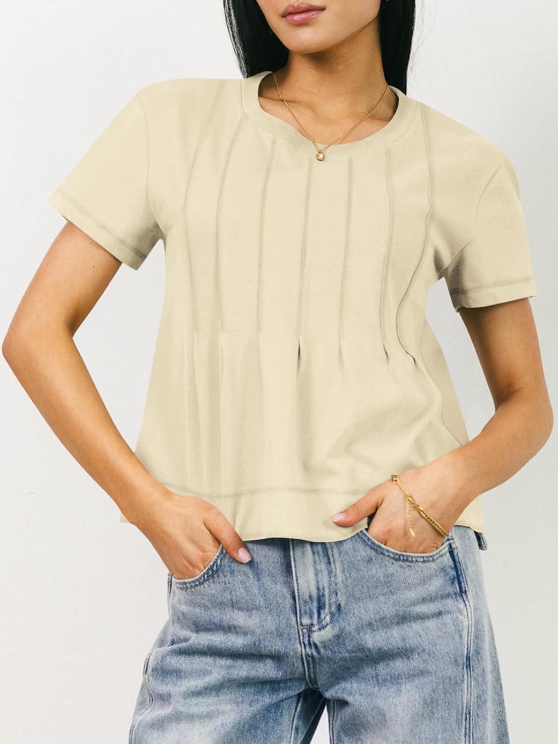 imageTankaneo Womens Babydoll Tops Short Sleeve Peplum Pleated Summer TShirts Casual Loose Fit Flowy Tshirts 2025Beige