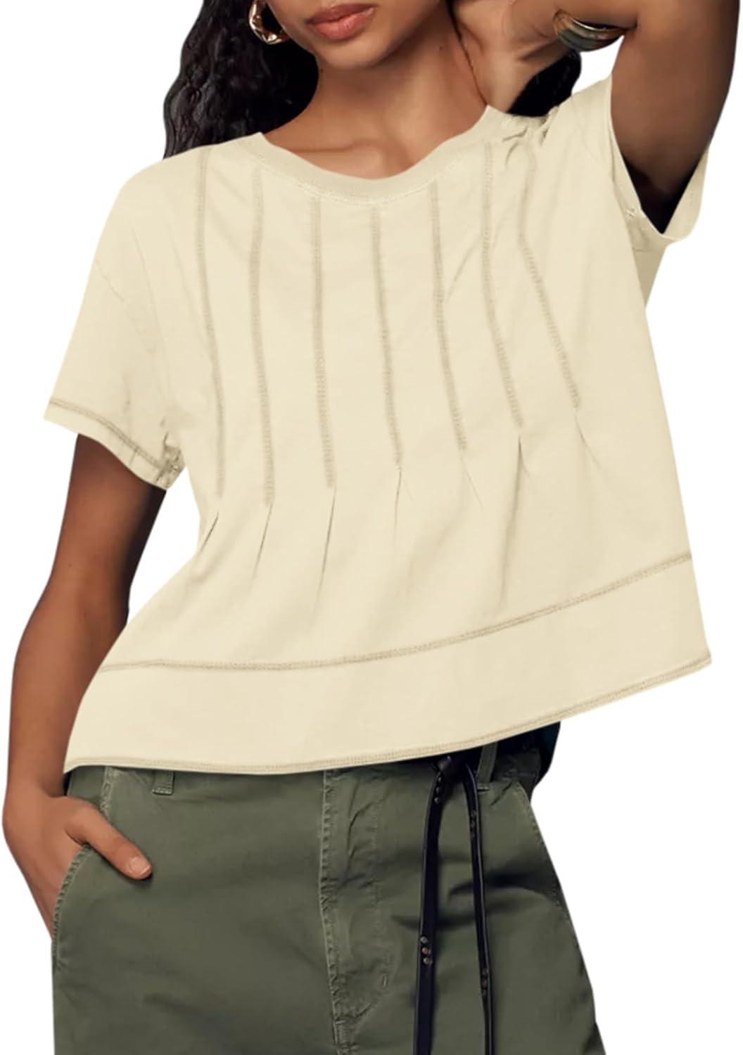 imageTankaneo Womens Babydoll Tops Short Sleeve Peplum Pleated Summer TShirts Casual Loose Fit Flowy Tshirts 2025Beige