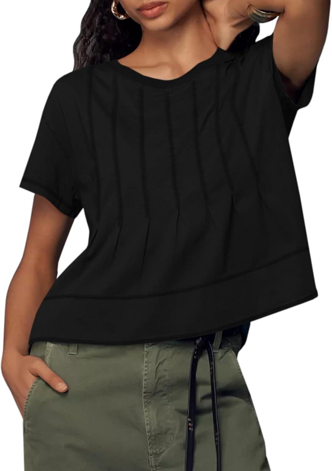 imageTankaneo Womens Babydoll Tops Short Sleeve Peplum Pleated Summer TShirts Casual Loose Fit Flowy Tshirts 2025Black