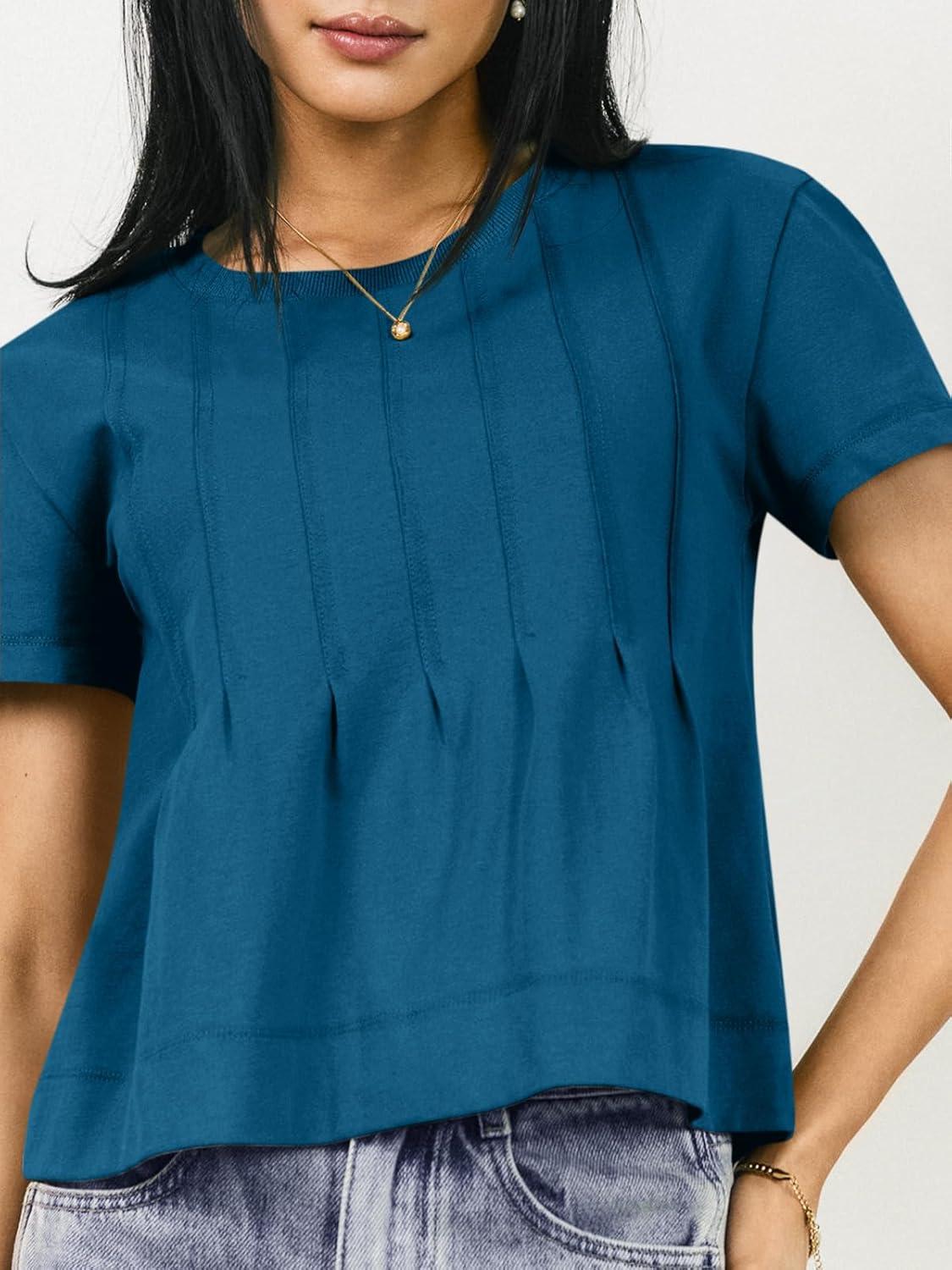 imageTankaneo Womens Babydoll Tops Short Sleeve Peplum Pleated Summer TShirts Casual Loose Fit Flowy Tshirts 2025Blue