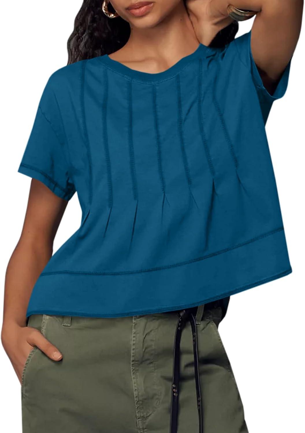 imageTankaneo Womens Babydoll Tops Short Sleeve Peplum Pleated Summer TShirts Casual Loose Fit Flowy Tshirts 2025Blue