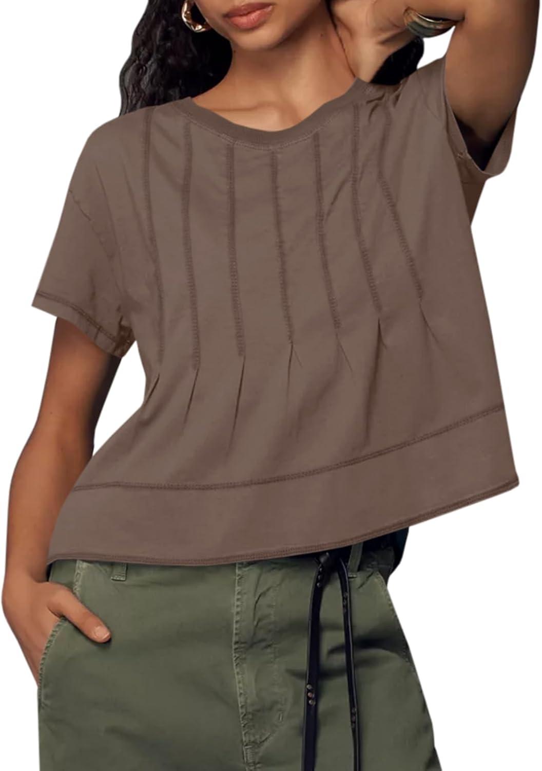 imageTankaneo Womens Babydoll Tops Short Sleeve Peplum Pleated Summer TShirts Casual Loose Fit Flowy Tshirts 2025Brown