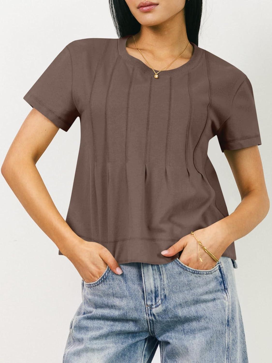 imageTankaneo Womens Babydoll Tops Short Sleeve Peplum Pleated Summer TShirts Casual Loose Fit Flowy Tshirts 2025Brown