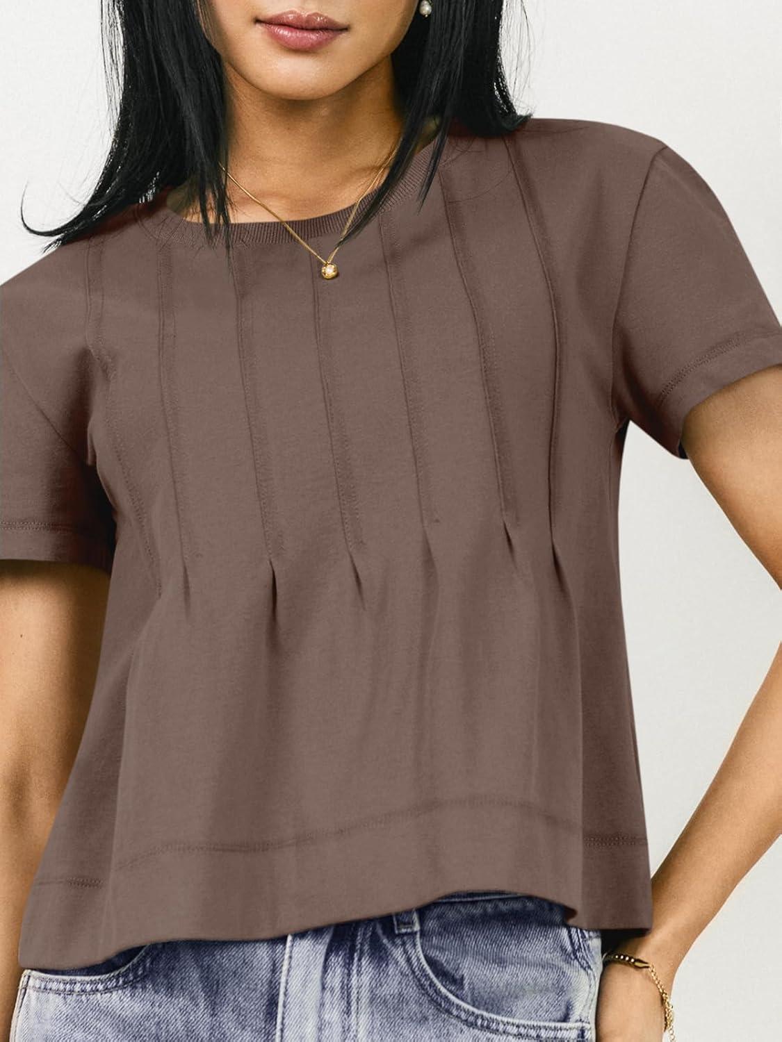 imageTankaneo Womens Babydoll Tops Short Sleeve Peplum Pleated Summer TShirts Casual Loose Fit Flowy Tshirts 2025Brown