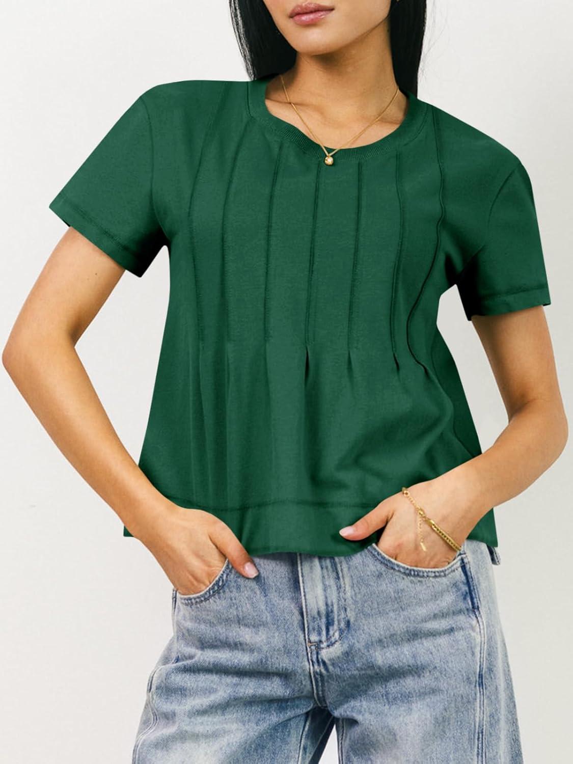 imageTankaneo Womens Babydoll Tops Short Sleeve Peplum Pleated Summer TShirts Casual Loose Fit Flowy Tshirts 2025Green