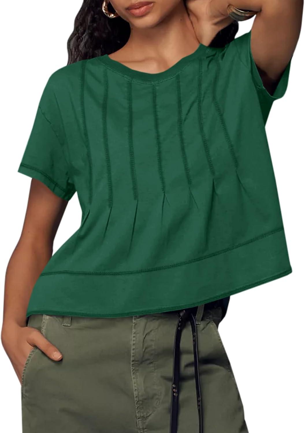 imageTankaneo Womens Babydoll Tops Short Sleeve Peplum Pleated Summer TShirts Casual Loose Fit Flowy Tshirts 2025Green