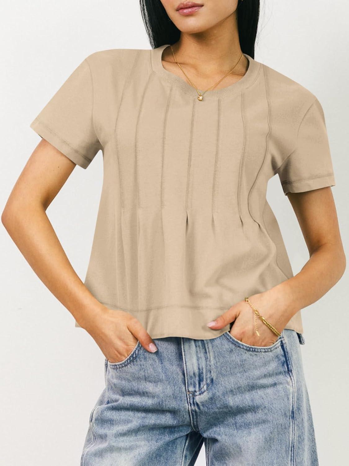 imageTankaneo Womens Babydoll Tops Short Sleeve Peplum Pleated Summer TShirts Casual Loose Fit Flowy Tshirts 2025Khaki