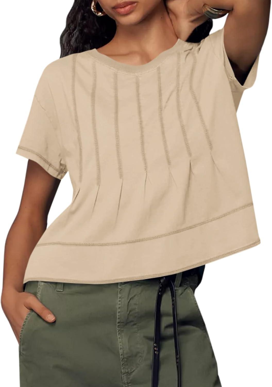 imageTankaneo Womens Babydoll Tops Short Sleeve Peplum Pleated Summer TShirts Casual Loose Fit Flowy Tshirts 2025Khaki