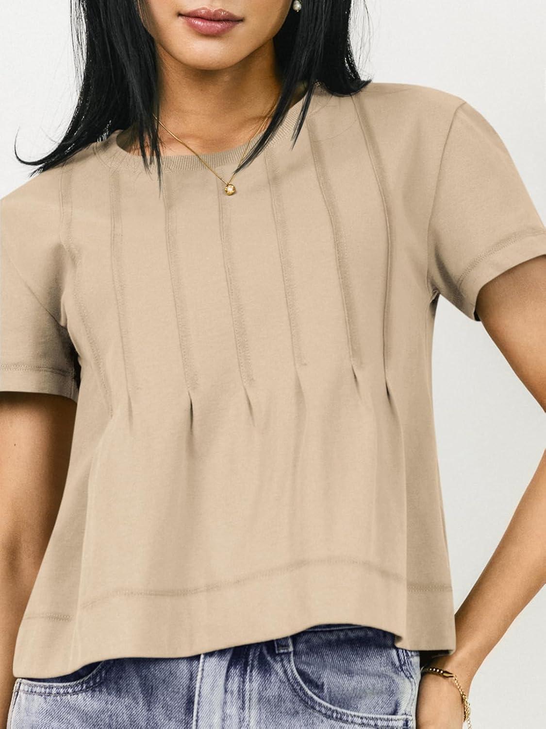 imageTankaneo Womens Babydoll Tops Short Sleeve Peplum Pleated Summer TShirts Casual Loose Fit Flowy Tshirts 2025Khaki