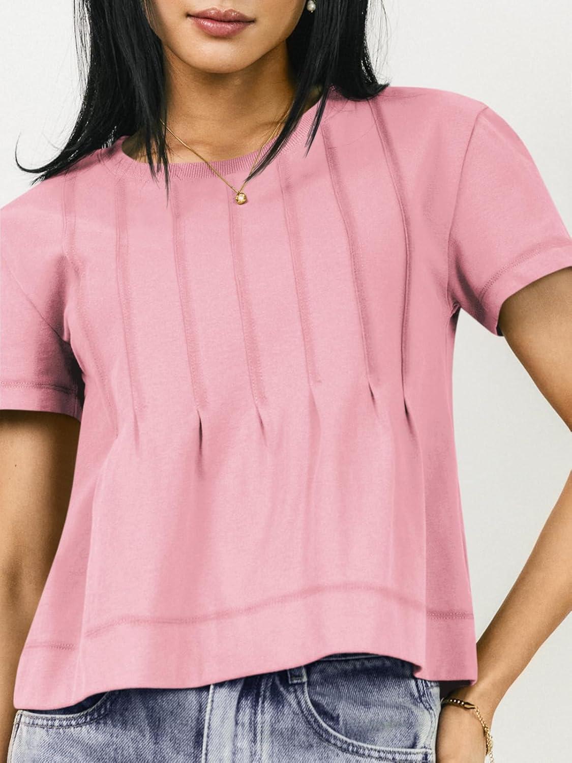 imageTankaneo Womens Babydoll Tops Short Sleeve Peplum Pleated Summer TShirts Casual Loose Fit Flowy Tshirts 2025Pink