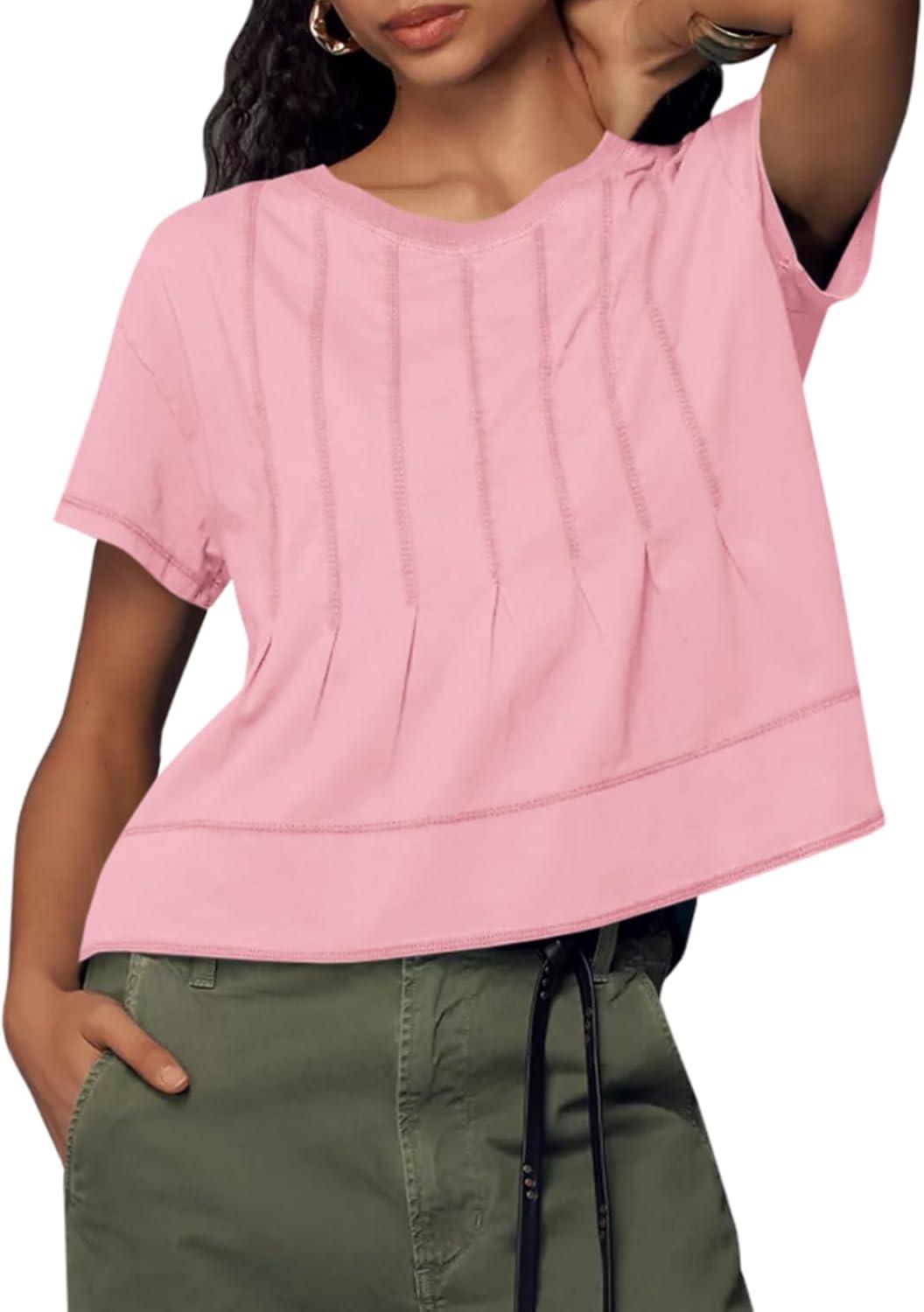 imageTankaneo Womens Babydoll Tops Short Sleeve Peplum Pleated Summer TShirts Casual Loose Fit Flowy Tshirts 2025Pink