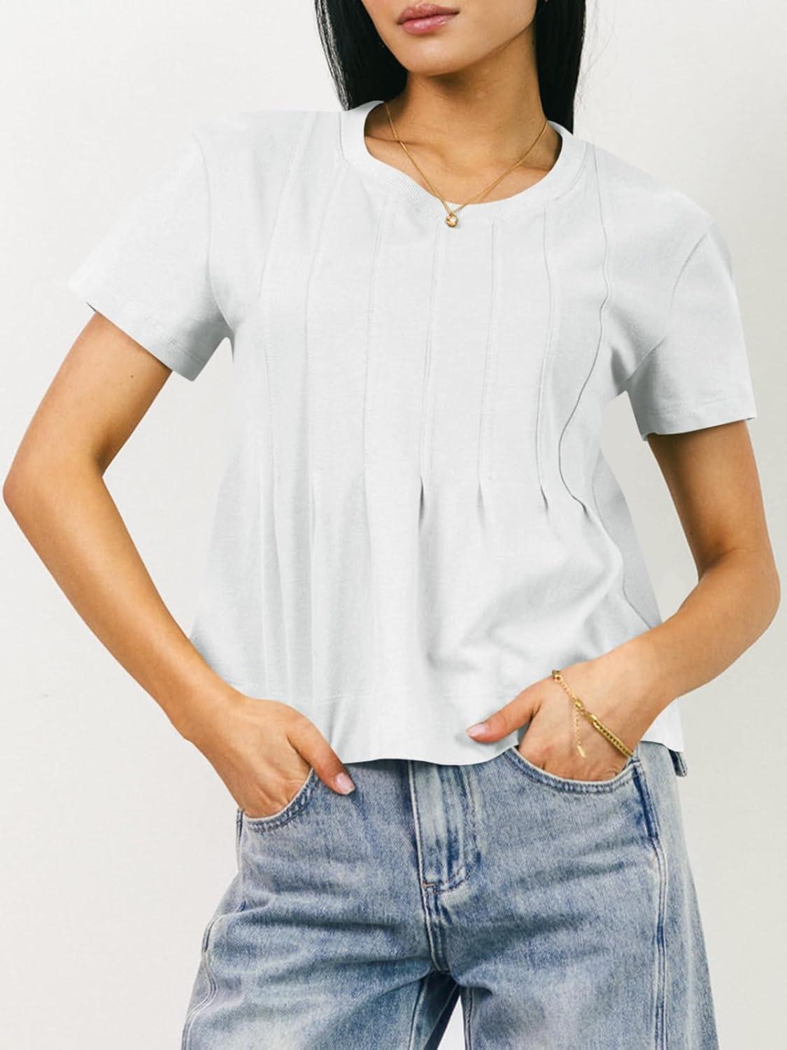 imageTankaneo Womens Babydoll Tops Short Sleeve Peplum Pleated Summer TShirts Casual Loose Fit Flowy Tshirts 2025White