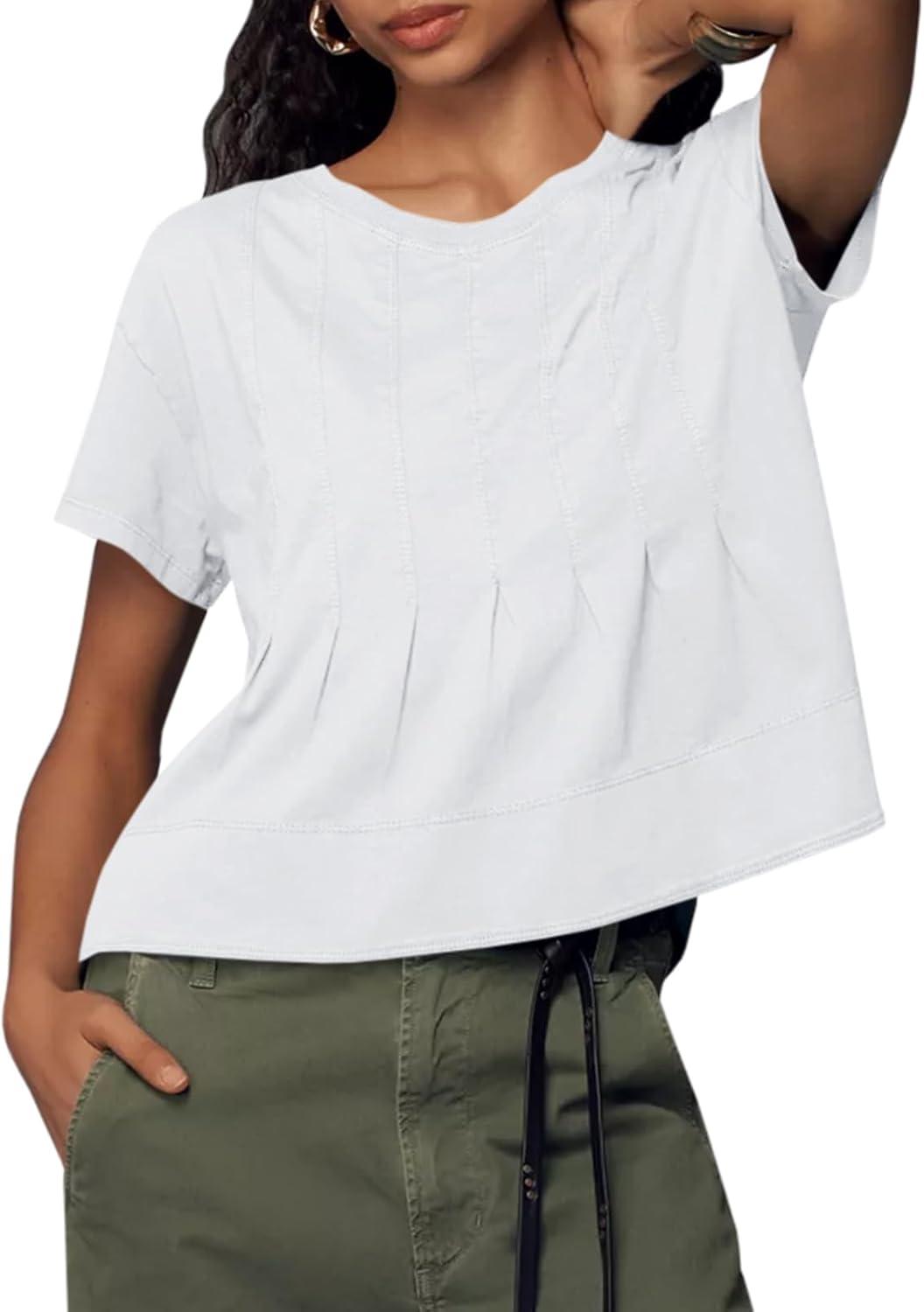 imageTankaneo Womens Babydoll Tops Short Sleeve Peplum Pleated Summer TShirts Casual Loose Fit Flowy Tshirts 2025White