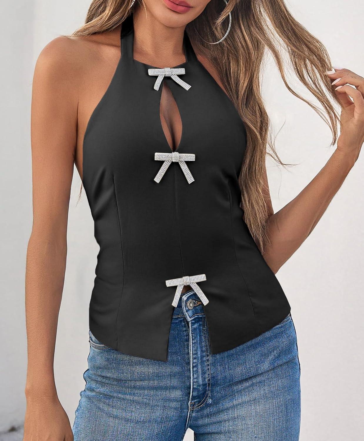 imageTankaneo Womens Cute Bow Halter Tank Tops Sexy Keyhole Backless Slim Fit Crop Tops Y2k Summer Sleeveless Cami ShirtsBlack