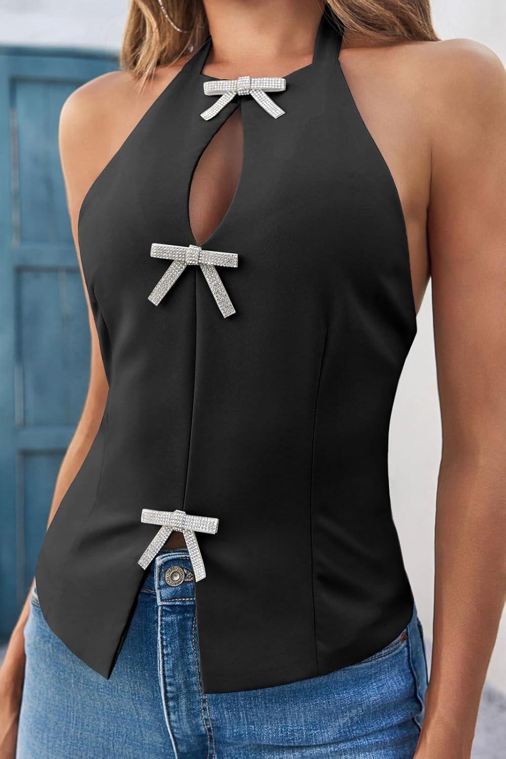 imageTankaneo Womens Cute Bow Halter Tank Tops Sexy Keyhole Backless Slim Fit Crop Tops Y2k Summer Sleeveless Cami ShirtsBlack
