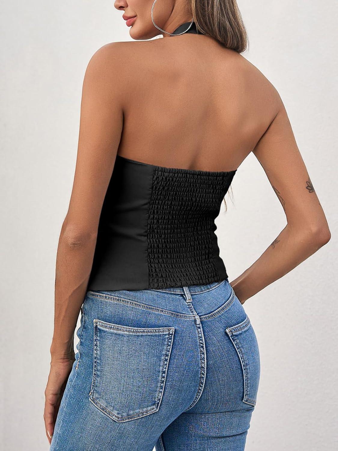 imageTankaneo Womens Cute Bow Halter Tank Tops Sexy Keyhole Backless Slim Fit Crop Tops Y2k Summer Sleeveless Cami ShirtsBlack