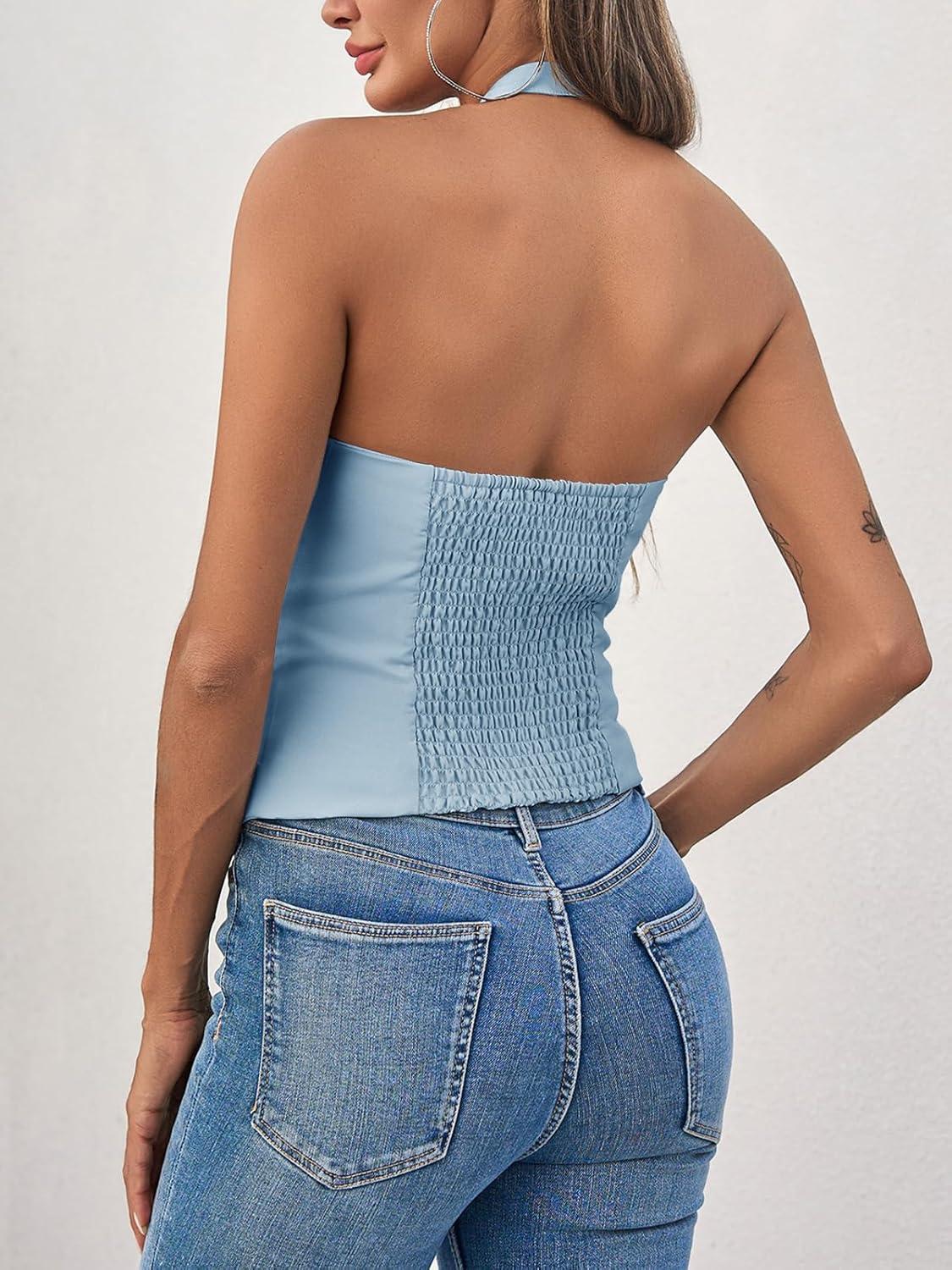 imageTankaneo Womens Cute Bow Halter Tank Tops Sexy Keyhole Backless Slim Fit Crop Tops Y2k Summer Sleeveless Cami ShirtsLight Blue