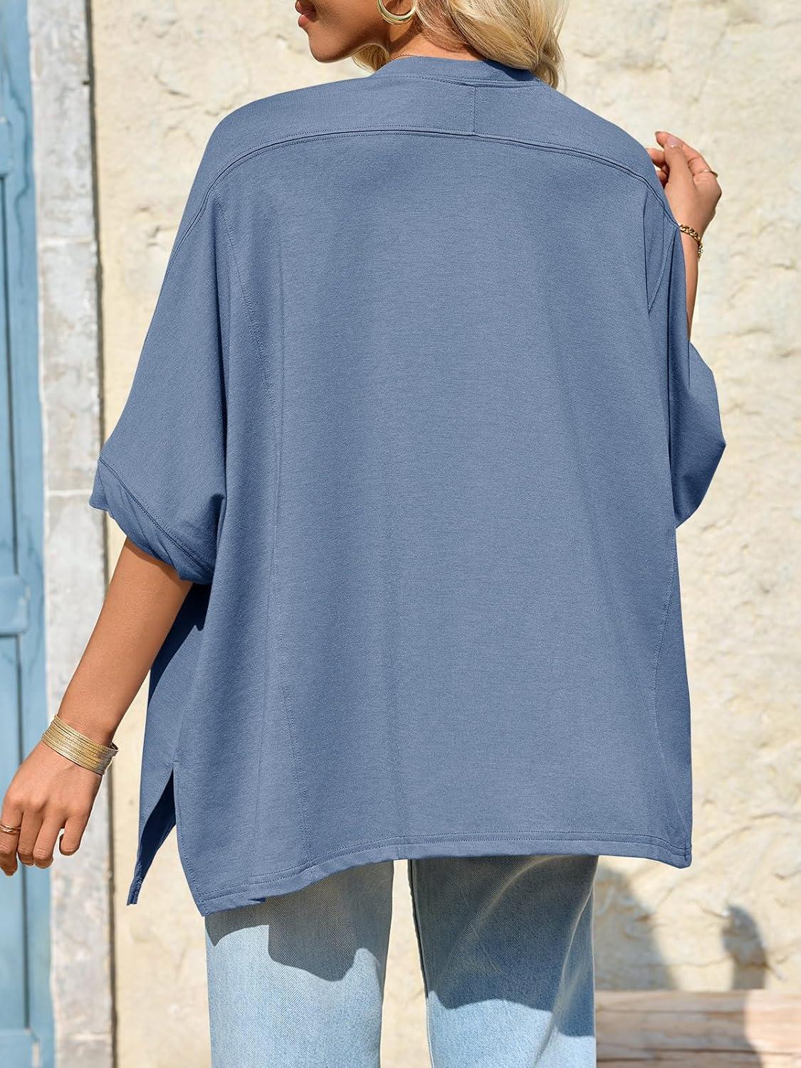 imageTankaneo Womens Oversized Tshirts Batwing Short Sleeve Asymmetric Hem Tops Summer Casual Loose Fit Tunic Tee ShirtsBlue Grey
