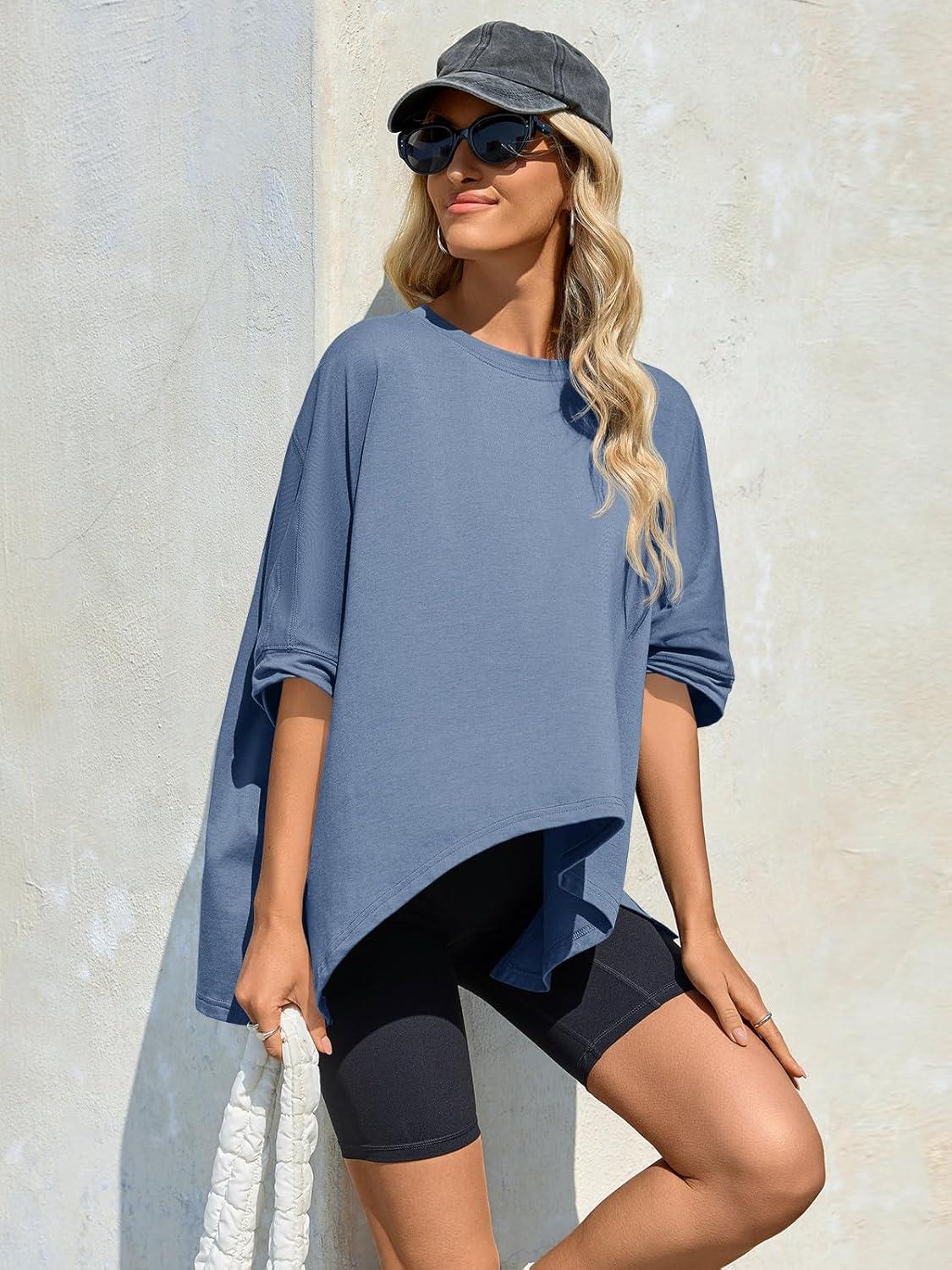 imageTankaneo Womens Oversized Tshirts Batwing Short Sleeve Asymmetric Hem Tops Summer Casual Loose Fit Tunic Tee ShirtsBlue Grey