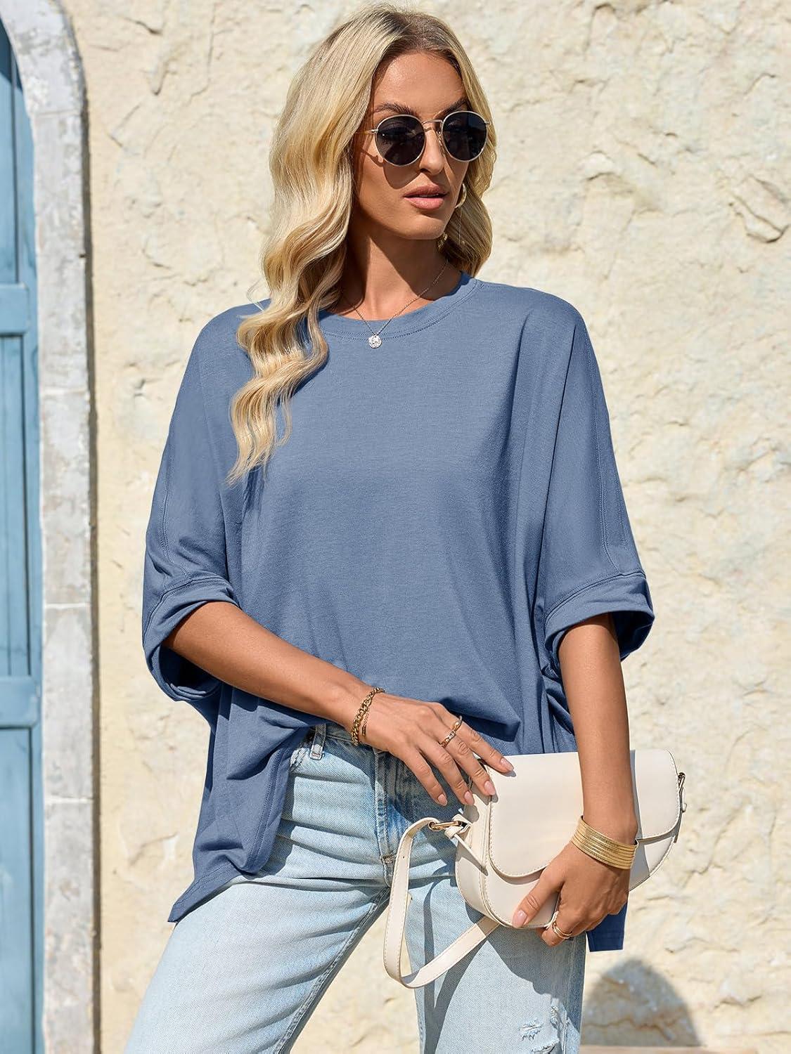 imageTankaneo Womens Oversized Tshirts Batwing Short Sleeve Asymmetric Hem Tops Summer Casual Loose Fit Tunic Tee ShirtsBlue Grey