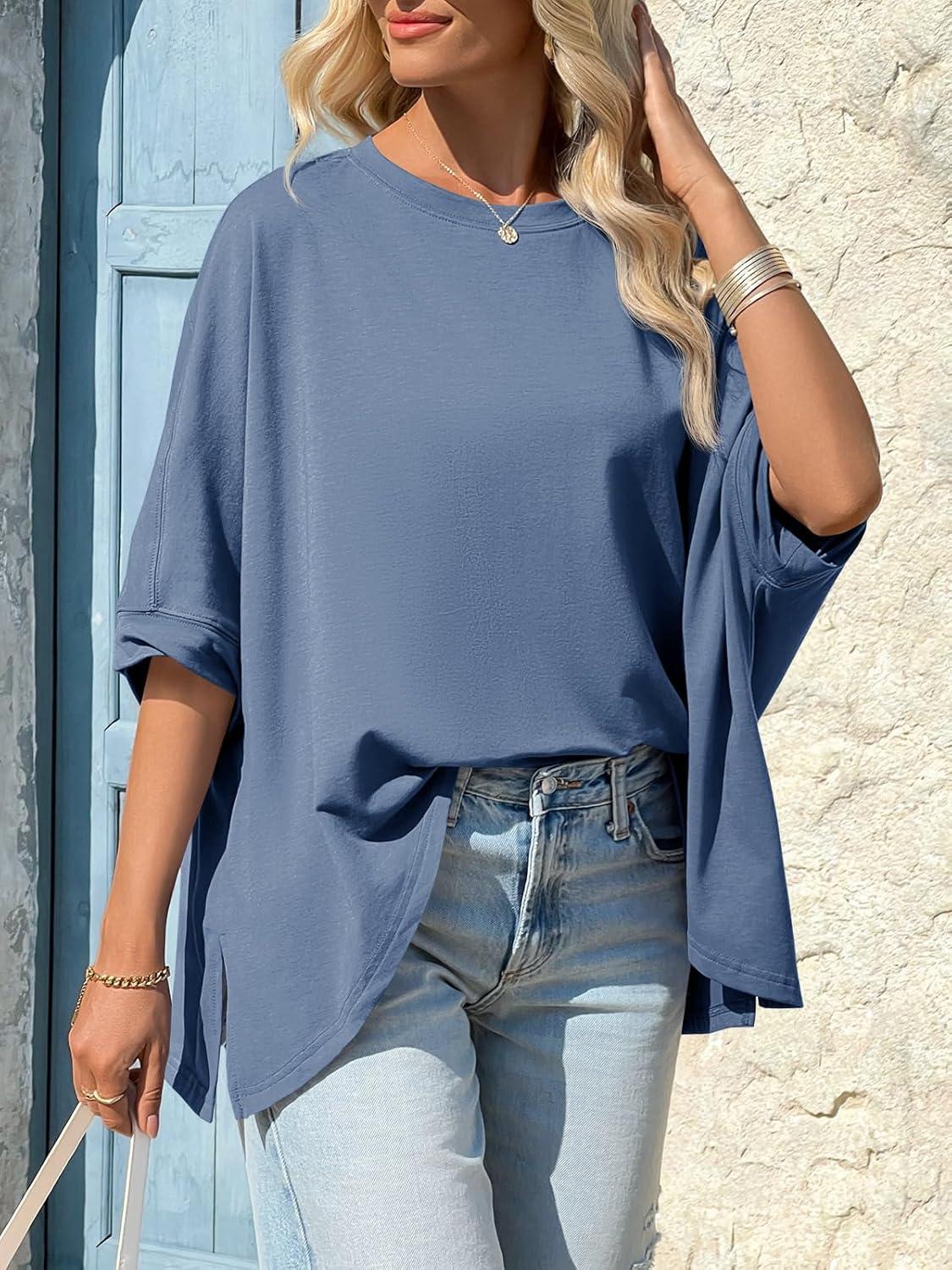 imageTankaneo Womens Oversized Tshirts Batwing Short Sleeve Asymmetric Hem Tops Summer Casual Loose Fit Tunic Tee ShirtsBlue Grey