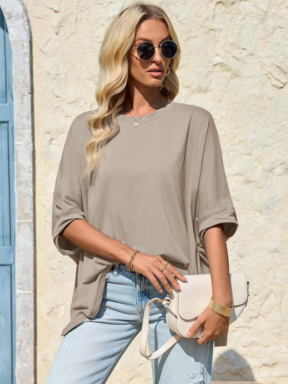 imageTankaneo Womens Oversized Tshirts Batwing Short Sleeve Asymmetric Hem Tops Summer Casual Loose Fit Tunic Tee ShirtsBrown