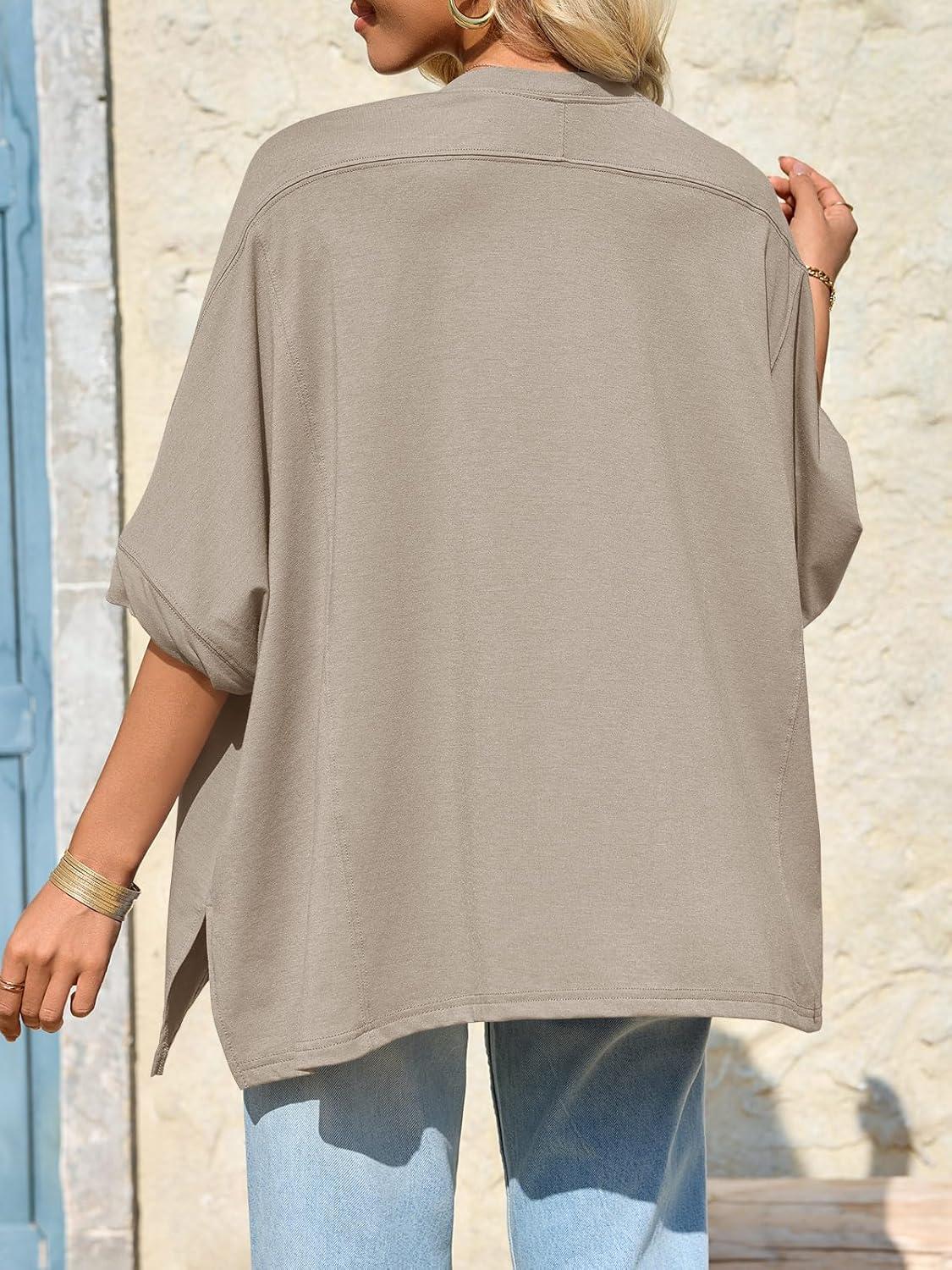 imageTankaneo Womens Oversized Tshirts Batwing Short Sleeve Asymmetric Hem Tops Summer Casual Loose Fit Tunic Tee ShirtsBrown