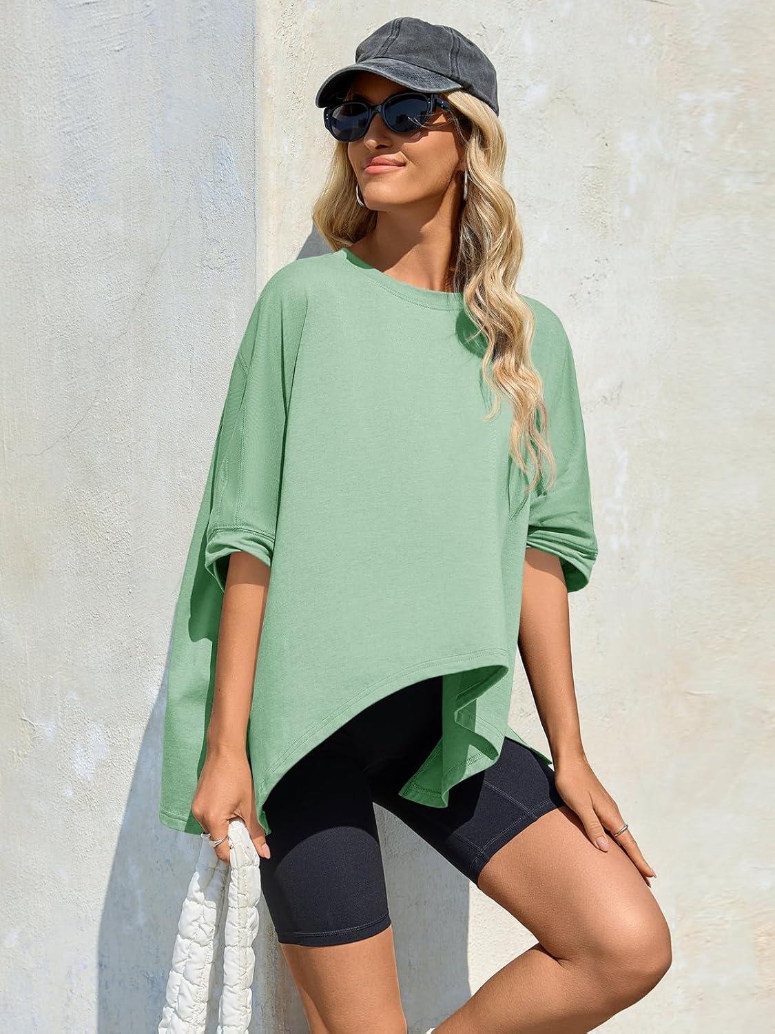 imageTankaneo Womens Oversized Tshirts Batwing Short Sleeve Asymmetric Hem Tops Summer Casual Loose Fit Tunic Tee ShirtsGreen