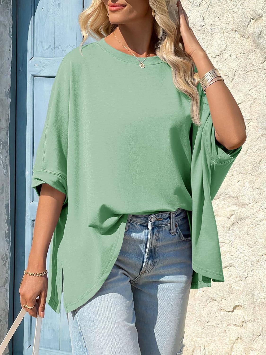 imageTankaneo Womens Oversized Tshirts Batwing Short Sleeve Asymmetric Hem Tops Summer Casual Loose Fit Tunic Tee ShirtsGreen